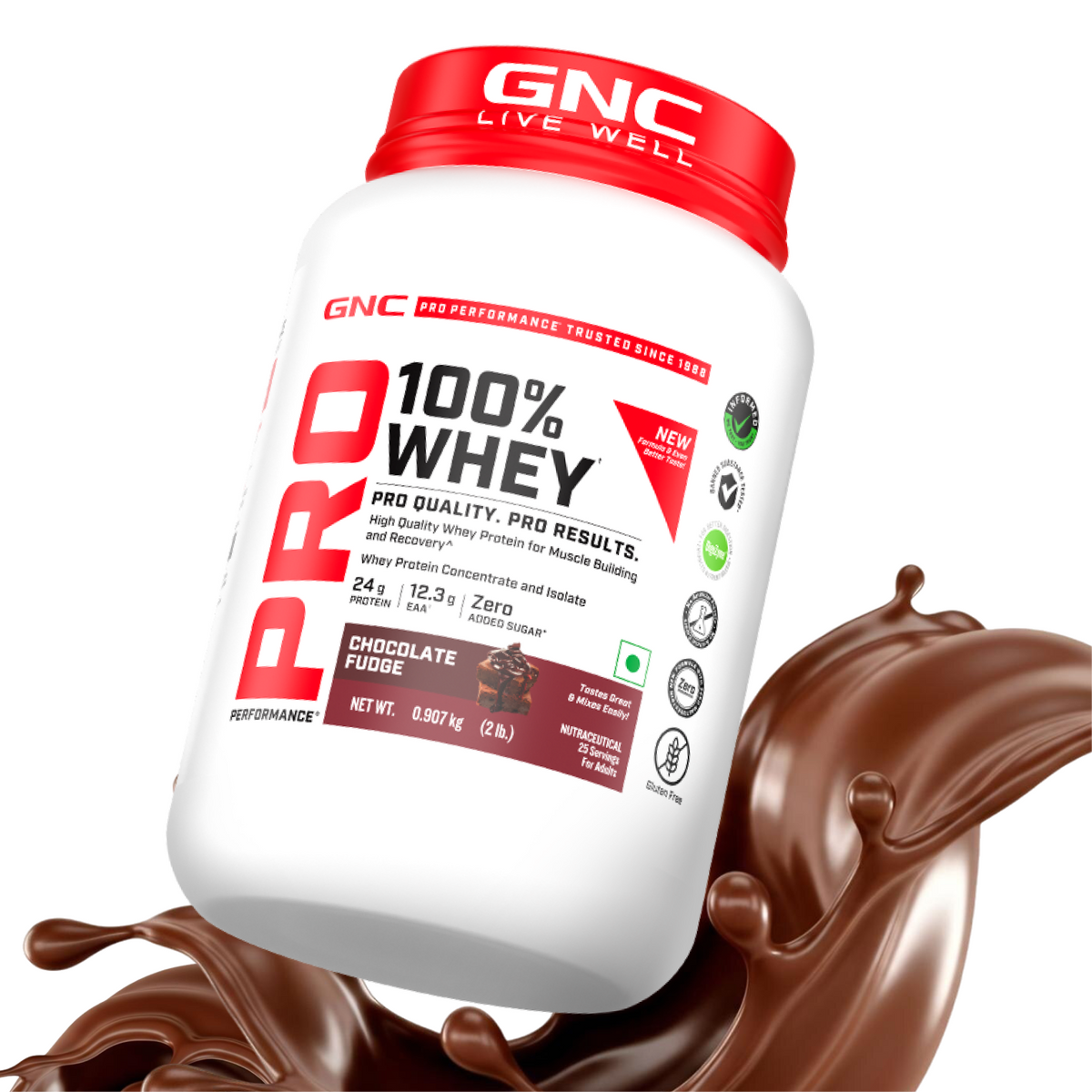 GNC Pro Performance 100% Whey Protein | New Formulation | 24g Protein, 5.7g BCAAs, 12.3g EAAs | Added DigeZyme® |  Low Carb (4.51g), No Added Sugar I Chocolate Fudge I 907 GM
