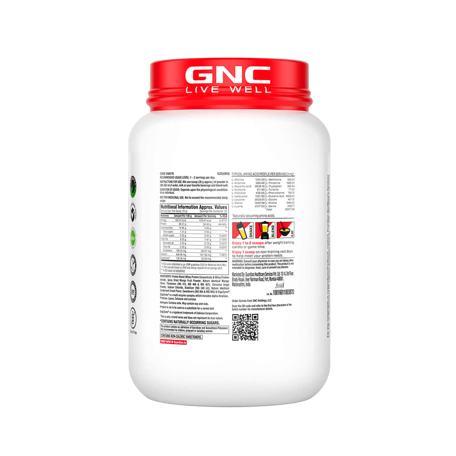 GNC Pro Performance 100% Whey Protein | New Formulation | 24g Protein, 5.7g BCAAs, 12.3g EAAs | Added DigeZyme® |  Low Carb (4.51g), No Added Sugar I Mango Smoothie I 907 GM