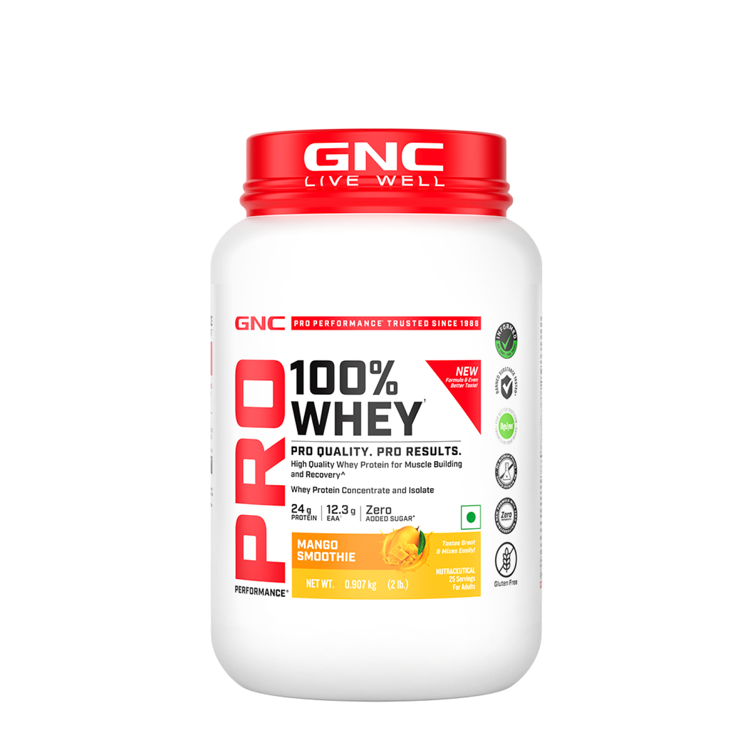 GNC Pro Performance 100% Whey Protein | New Formulation | 24g Protein, 5.7g BCAAs, 12.3g EAAs | Added DigeZyme® |  Low Carb (4.51g), No Added Sugar I Mango Smoothie I 907 GM