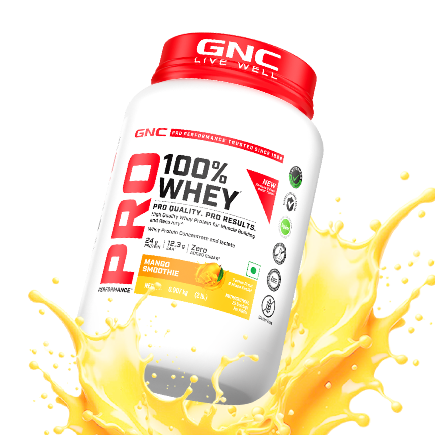 GNC Pro Performance 100% Whey Protein | New Formulation | 24g Protein, 5.7g BCAAs, 12.3g EAAs | Added DigeZyme® |  Low Carb (4.51g), No Added Sugar I Mango Smoothie I 907 GM