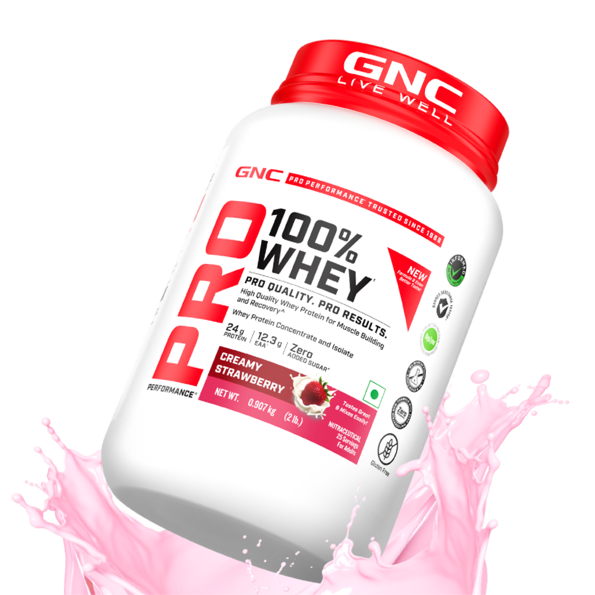 GNC Pro Performance 100% Whey Protein | New Formulation | 24g Protein, 5.7g BCAAs, 12.3g EAAs | Added DigeZyme® |  Low Carb (4.51g), No Added Sugar I Creamy Strawberry I 907 GM