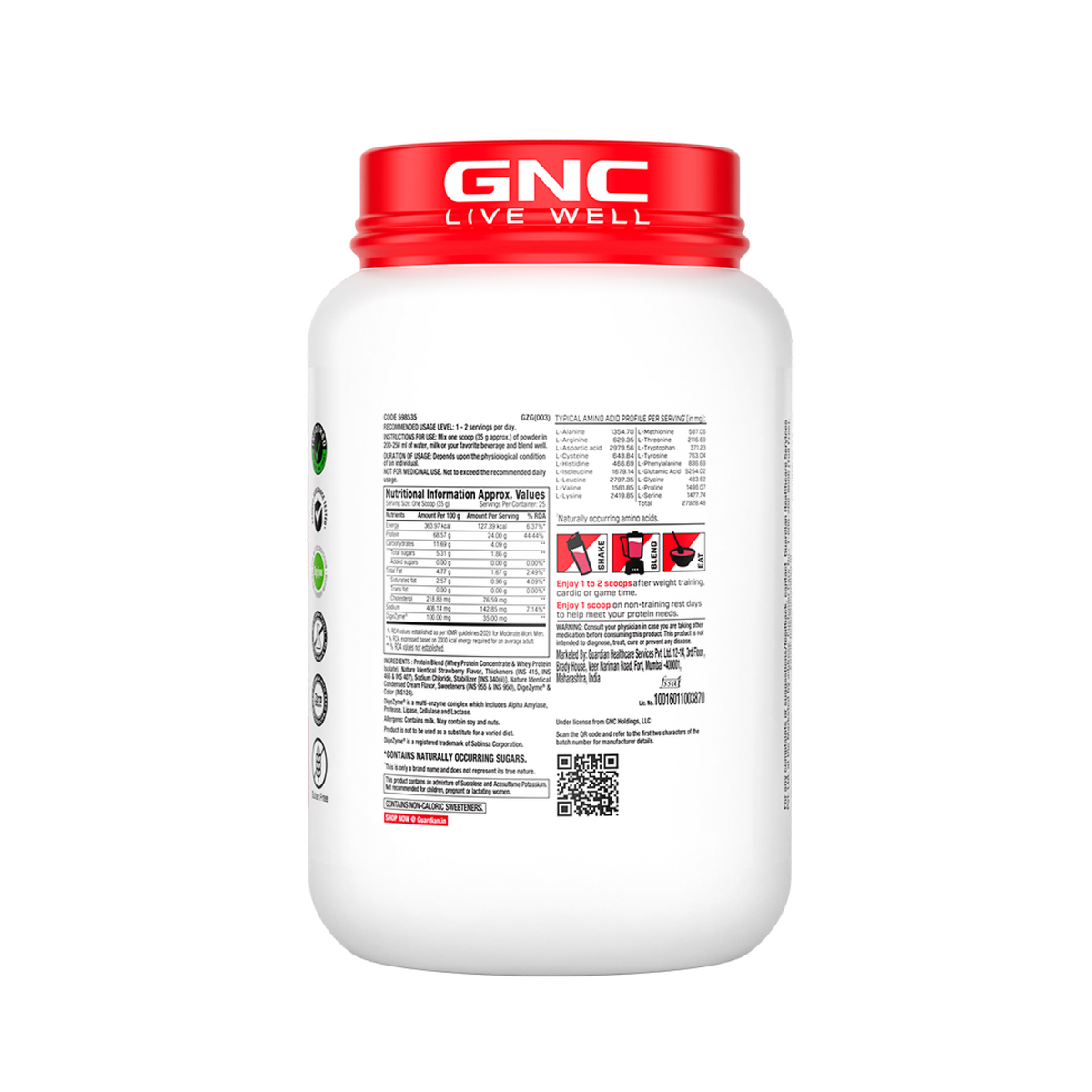 GNC Pro Performance 100% Whey Protein | New Formulation | 24g Protein, 5.7g BCAAs, 12.3g EAAs | Added DigeZyme® |  Low Carb (4.51g), No Added Sugar I Creamy Strawberry I 907 GM