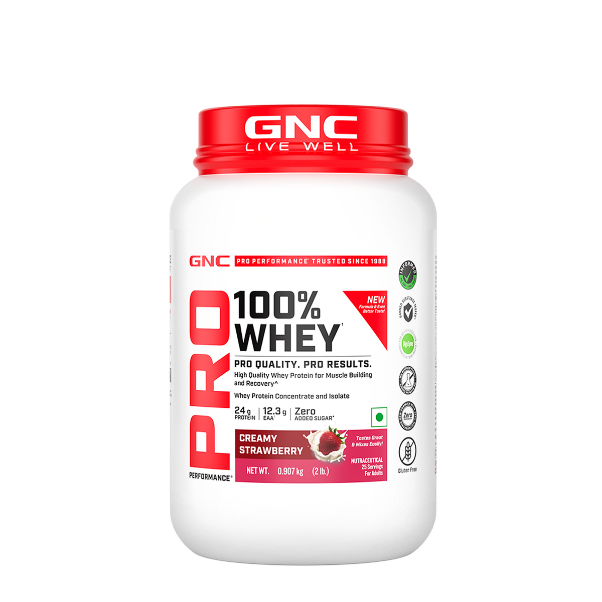 GNC Pro Performance 100% Whey Protein | New Formulation | 24g Protein, 5.7g BCAAs, 12.3g EAAs | Added DigeZyme® |  Low Carb (4.51g), No Added Sugar I Creamy Strawberry I 907 GM