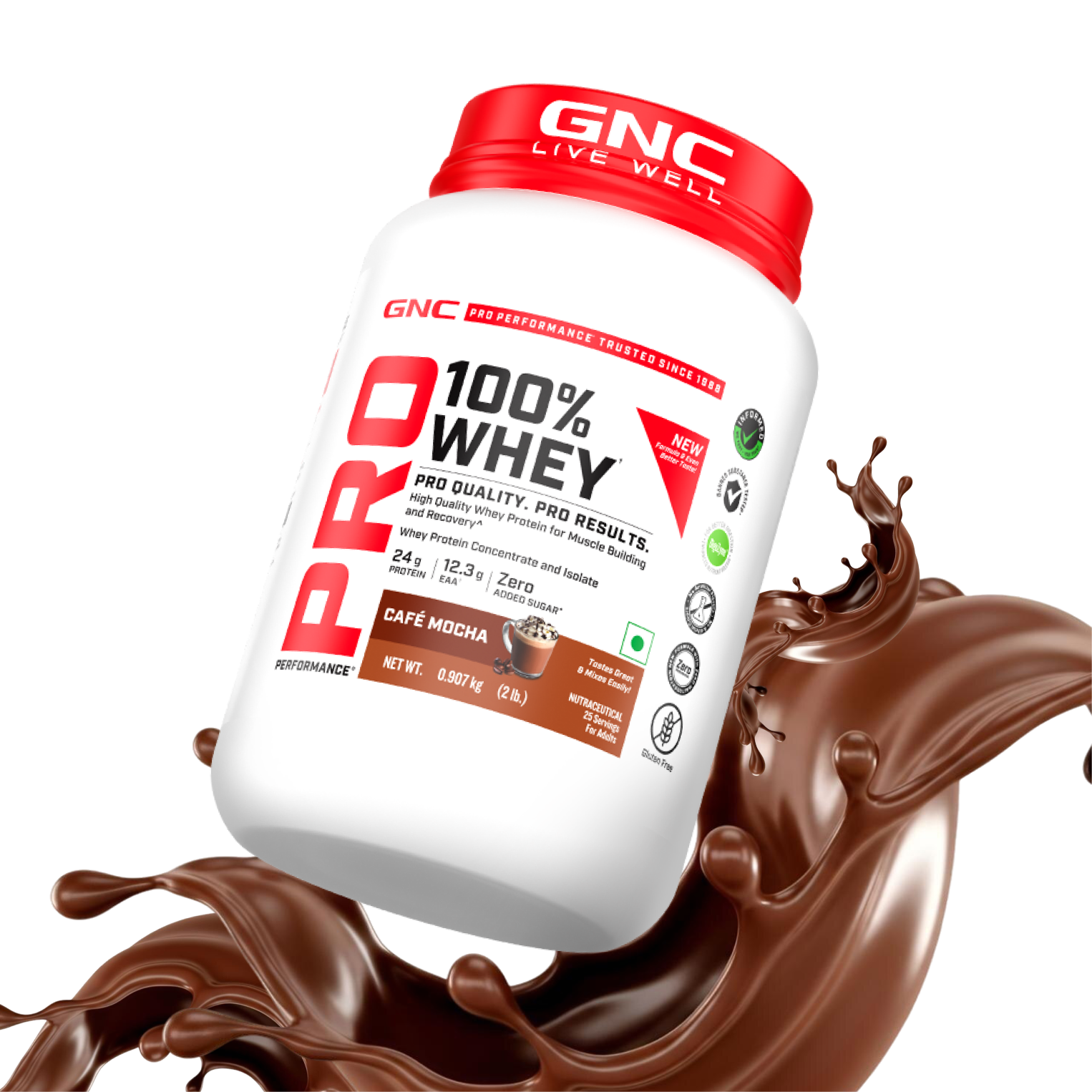 GNC Pro Performance 100% Whey Protein | New Formulation | 24g Protein, 5.7g BCAAs, 12.3g EAAs | Added DigeZyme® |  Low Carb (4.51g), No Added Sugar I Cafe Mocha I 907 GM