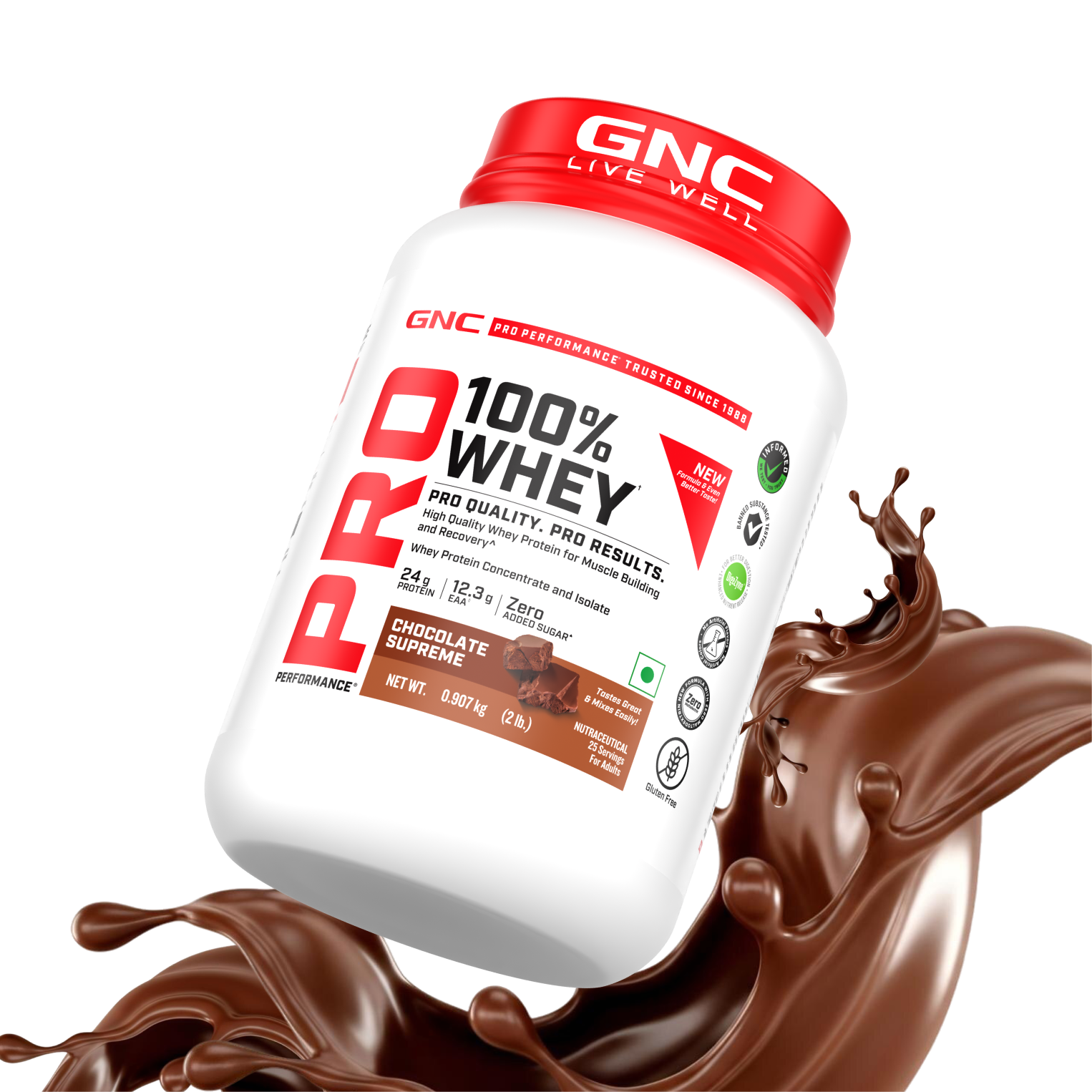 GNC Pro Performance 100% Whey Protein | New Formulation | 24g Protein, 5.7g BCAAs, 12.3g EAAs | Added DigeZyme® |  Low Carb (4.51g), No Added Sugar I Chocolate Supreme I 907 GM