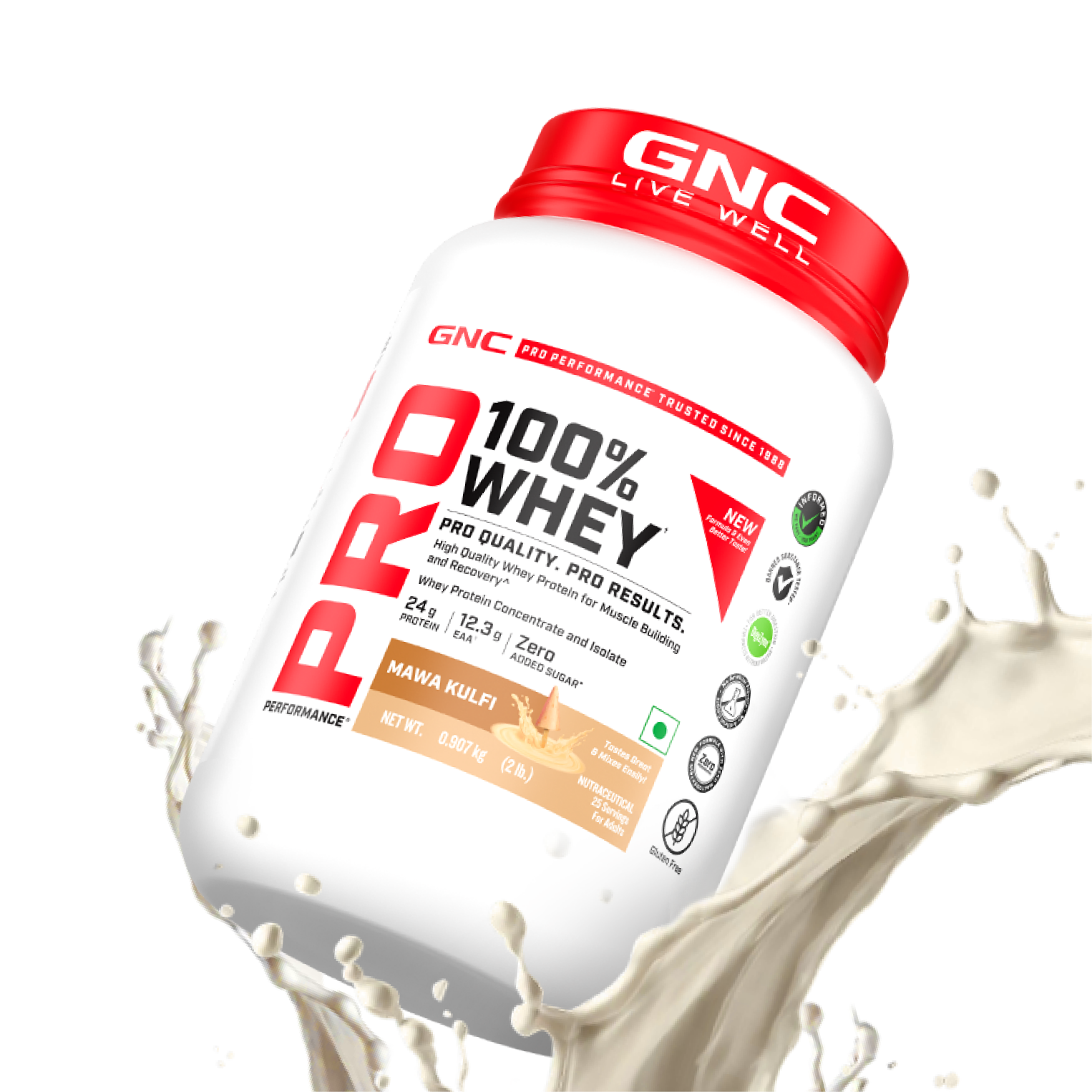 GNC Pro Performance 100% Whey Protein | New Formulation | 24g Protein, 5.7g BCAAs, 12.3g EAAs | Added DigeZyme® |  Low Carb (4.51g), No Added Sugar I Mawa Kulfi I 907 GM
