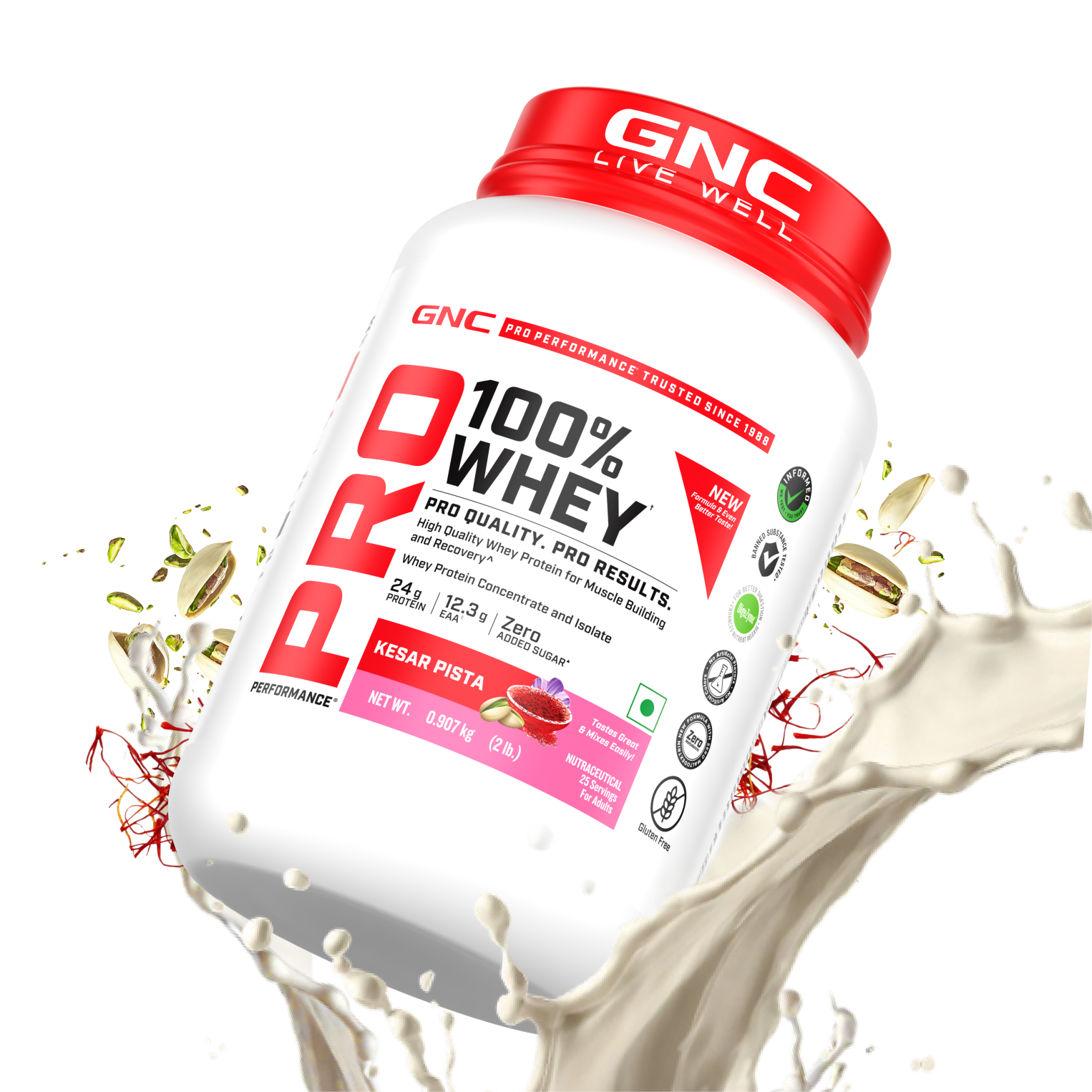 GNC Pro Performance 100% Whey Protein | New Formulation | 24g Protein, 5.7g BCAAs, 12.3g EAAs | Added DigeZyme® |  Low Carb (4.51g), No Added Sugar I Kesar Pista I 907 GM
