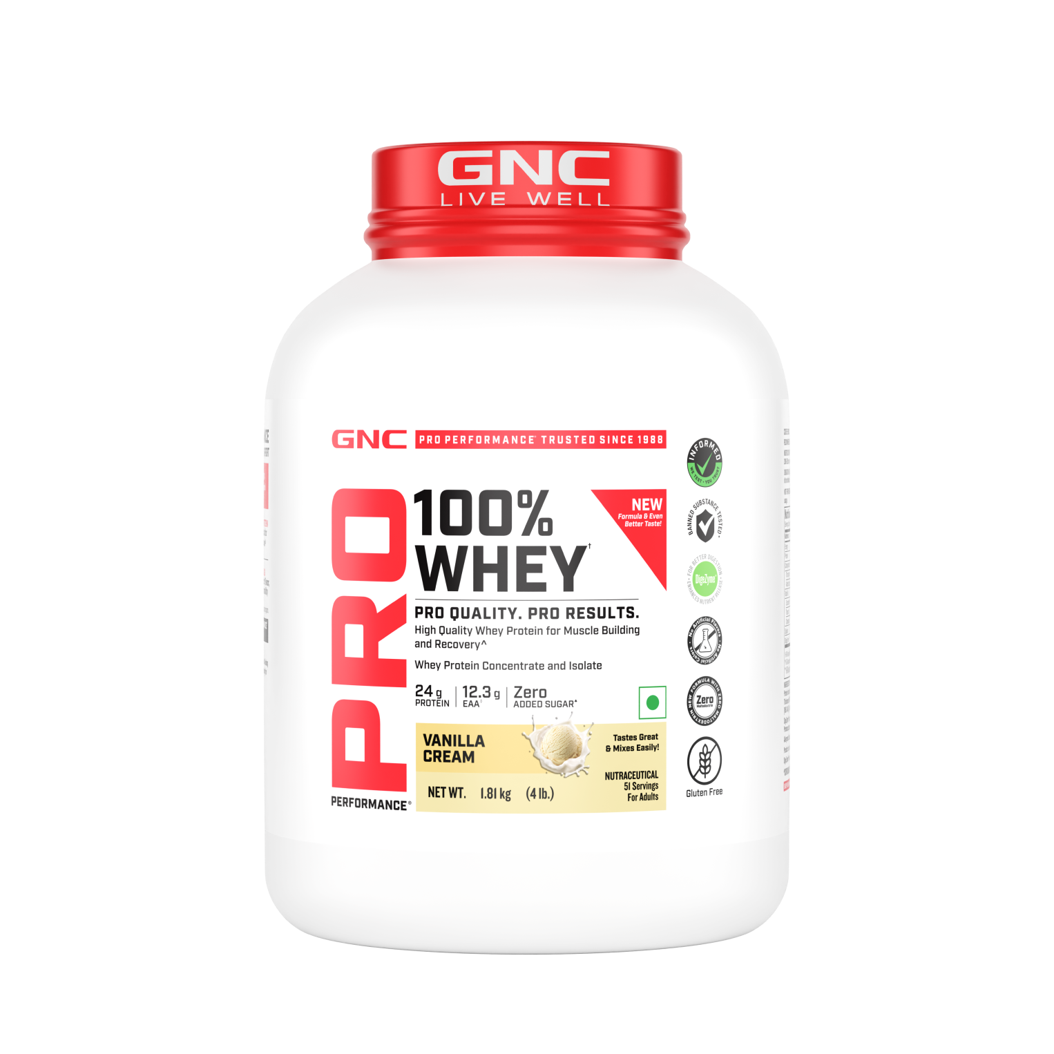 GNC Pro Performance 100% Whey Protein | New Formulation | 24g Protein, 5.7g BCAAs, 12.3g EAAs | Added DigeZyme® |  Low Carb (4.51g), No Added Sugar I Vanilla Cream I 1.81 Kg