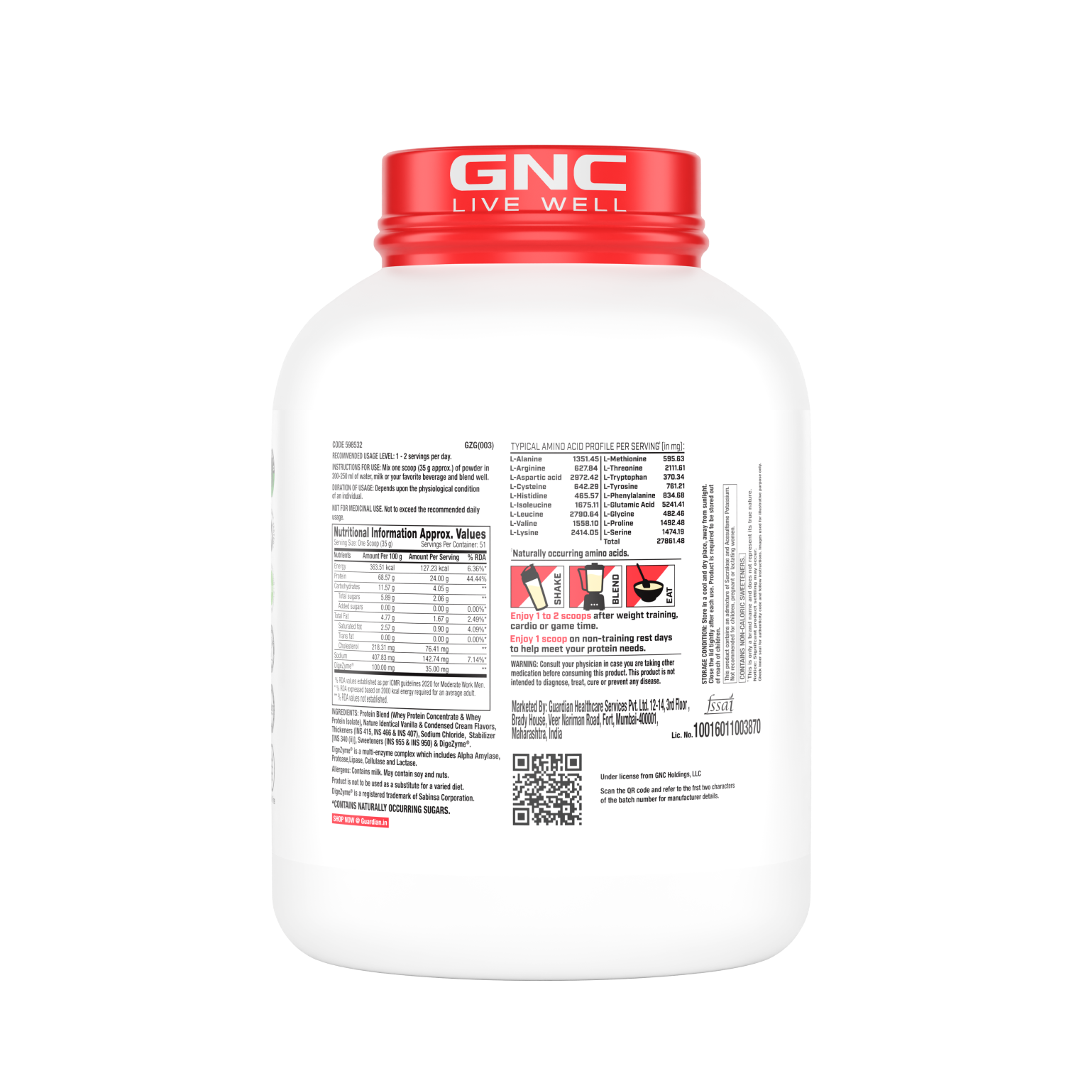 GNC Pro Performance 100% Whey Protein | New Formulation | 24g Protein, 5.7g BCAAs, 12.3g EAAs | Added DigeZyme® |  Low Carb (4.51g), No Added Sugar I Vanilla Cream I 1.81 Kg