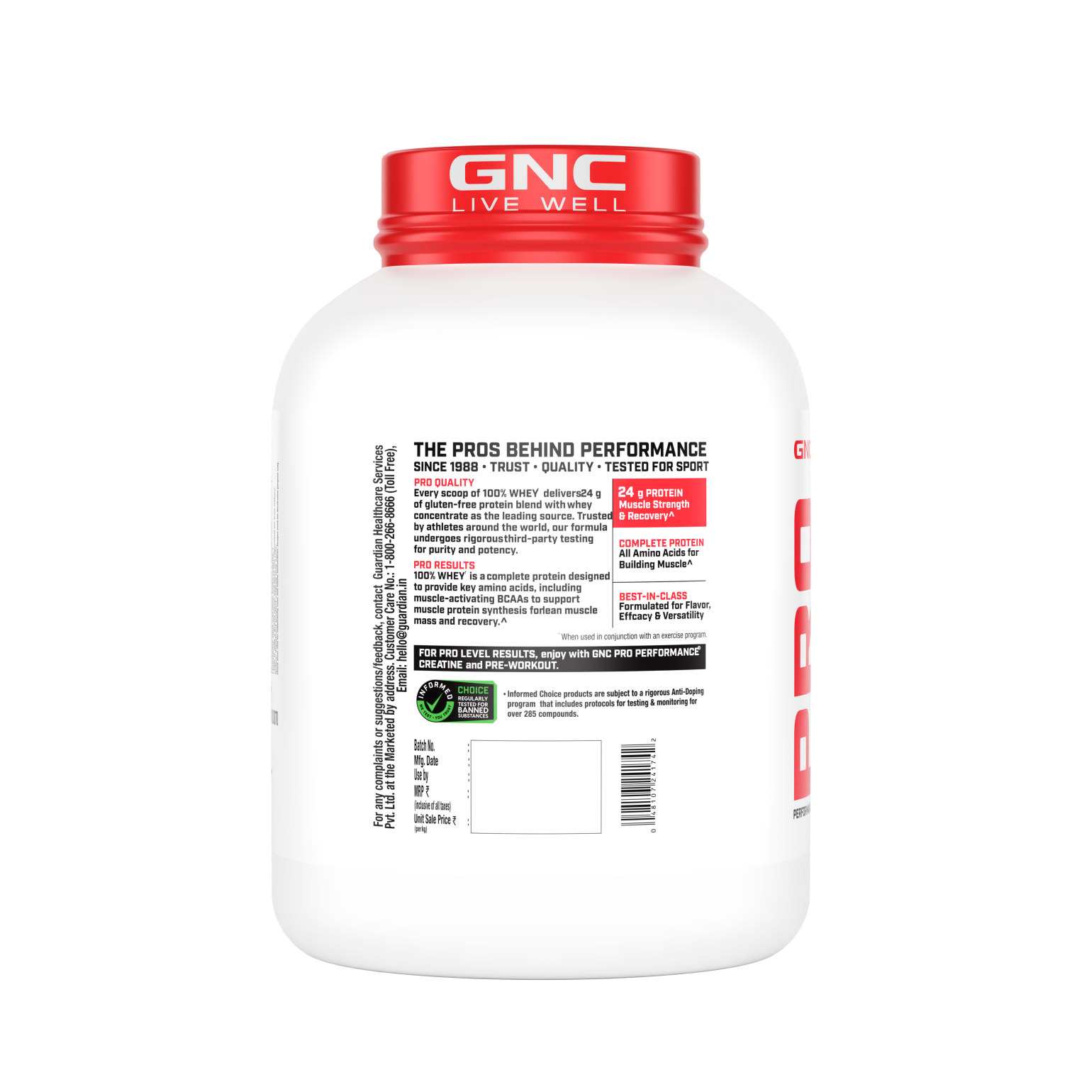 GNC Pro Performance 100% Whey Protein | New Formulation | 24g Protein, 5.7g BCAAs, 12.3g EAAs | Added DigeZyme® |  Low Carb (4.51g), No Added Sugar I Vanilla Cream I 1.81 Kg