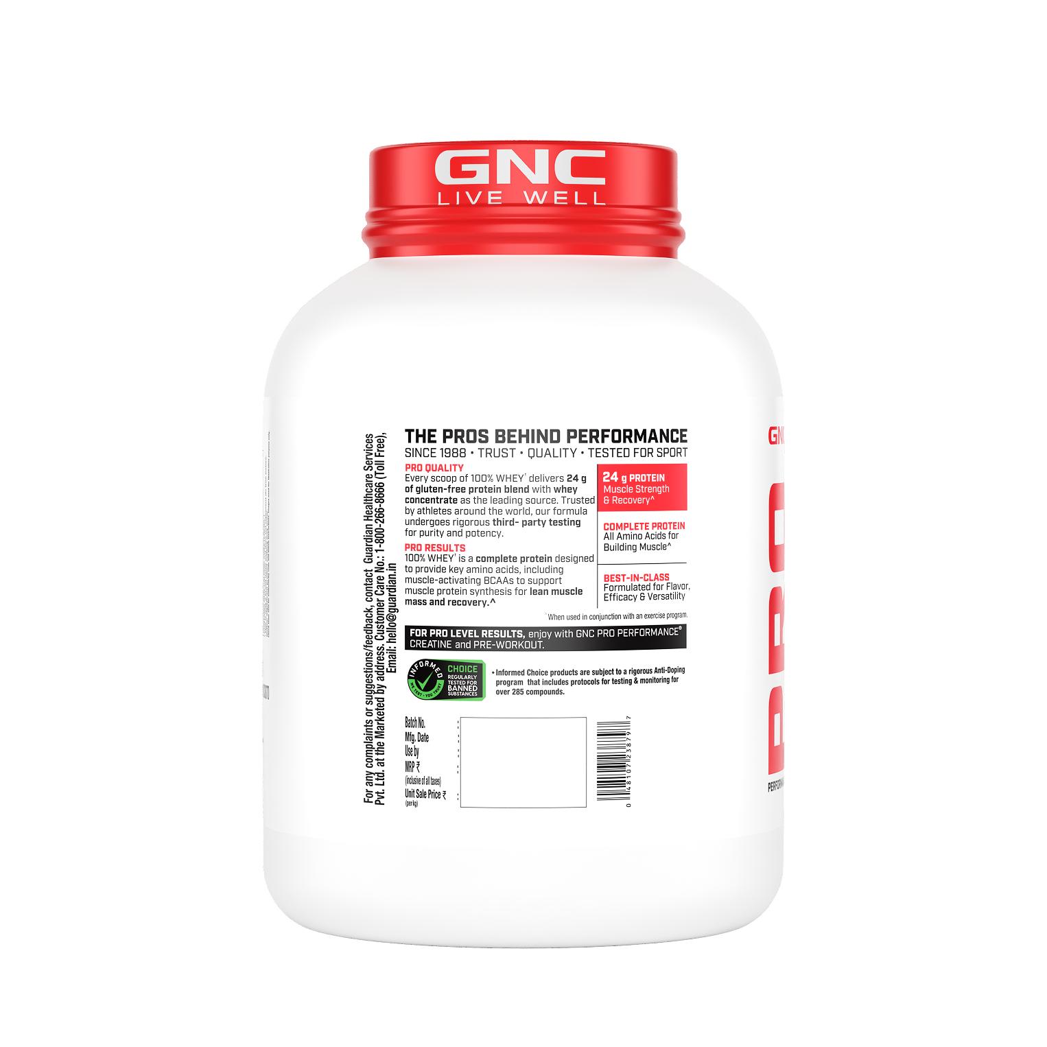 GNC Pro Performance 100% Whey Protein | New Formulation | 24g Protein, 5.7g BCAAs, 12.3g EAAs | Added DigeZyme® |  Low Carb (4.51g), No Added Sugar I Chocolate Fudge I 1.81 Kg