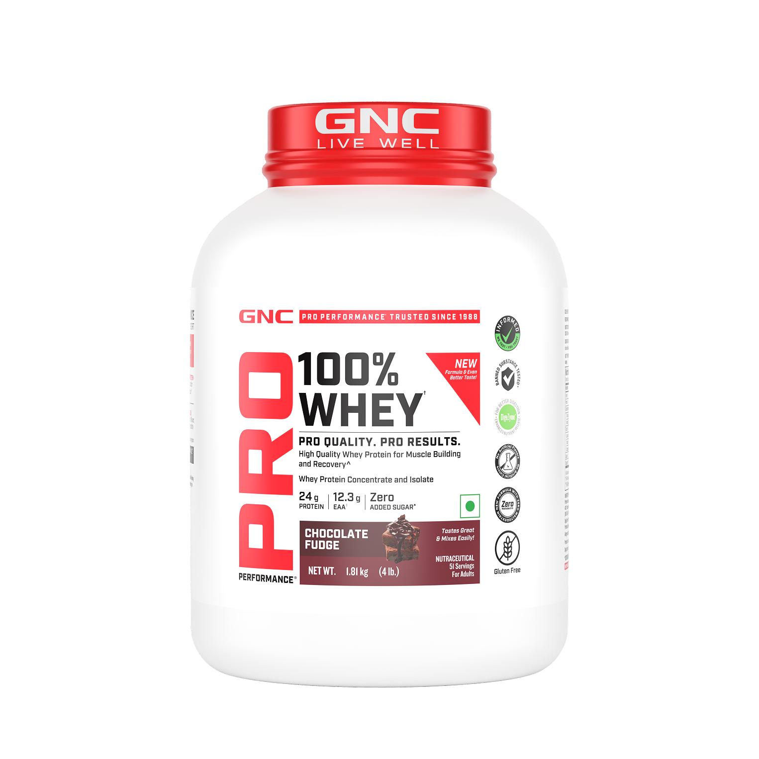 GNC Pro Performance 100% Whey Protein | New Formulation | 24g Protein, 5.7g BCAAs, 12.3g EAAs | Added DigeZyme® |  Low Carb (4.51g), No Added Sugar I Chocolate Fudge I 1.81 Kg