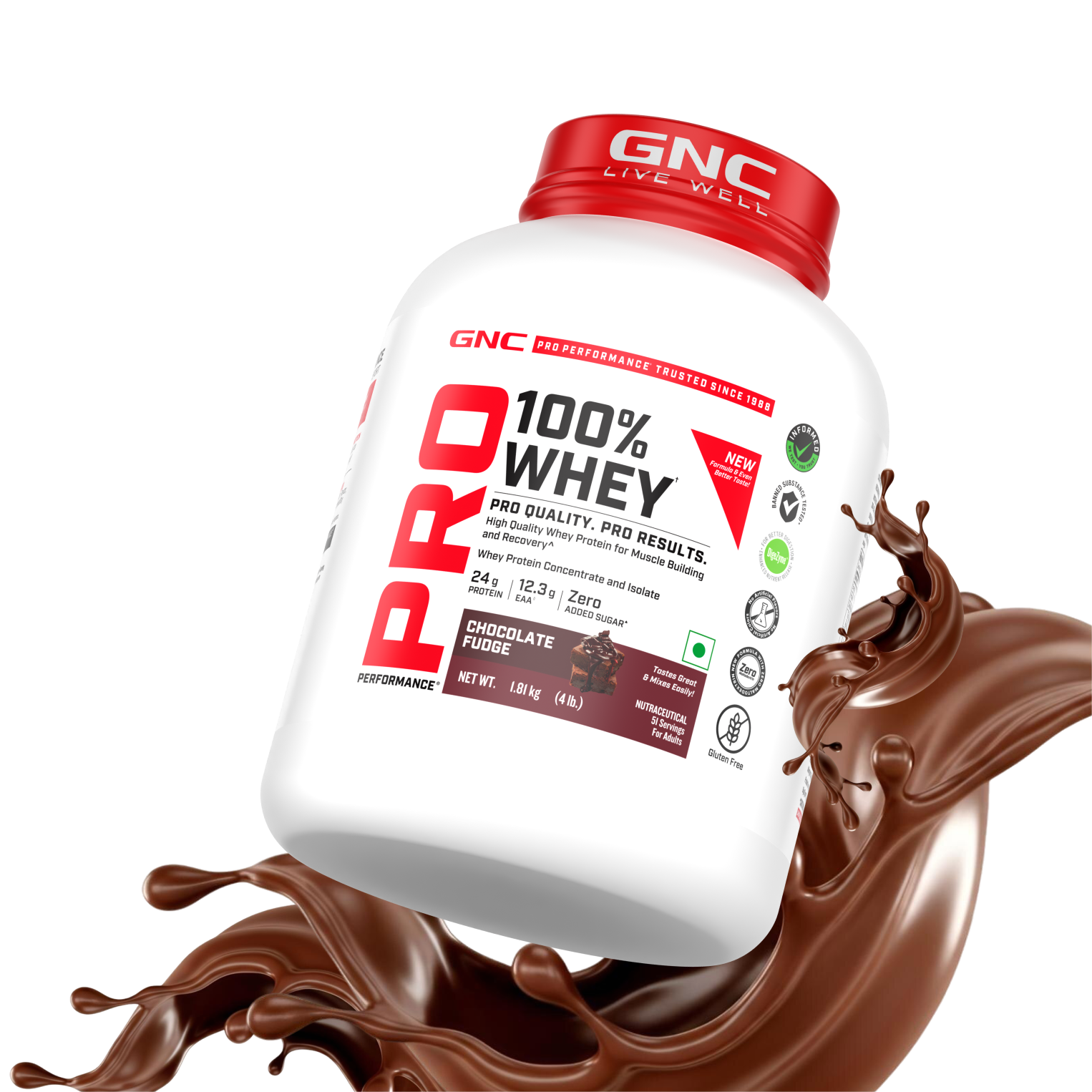 GNC Pro Performance 100% Whey Protein | New Formulation | 24g Protein, 5.7g BCAAs, 12.3g EAAs | Added DigeZyme® |  Low Carb (4.51g), No Added Sugar I Chocolate Fudge I 1.81 Kg