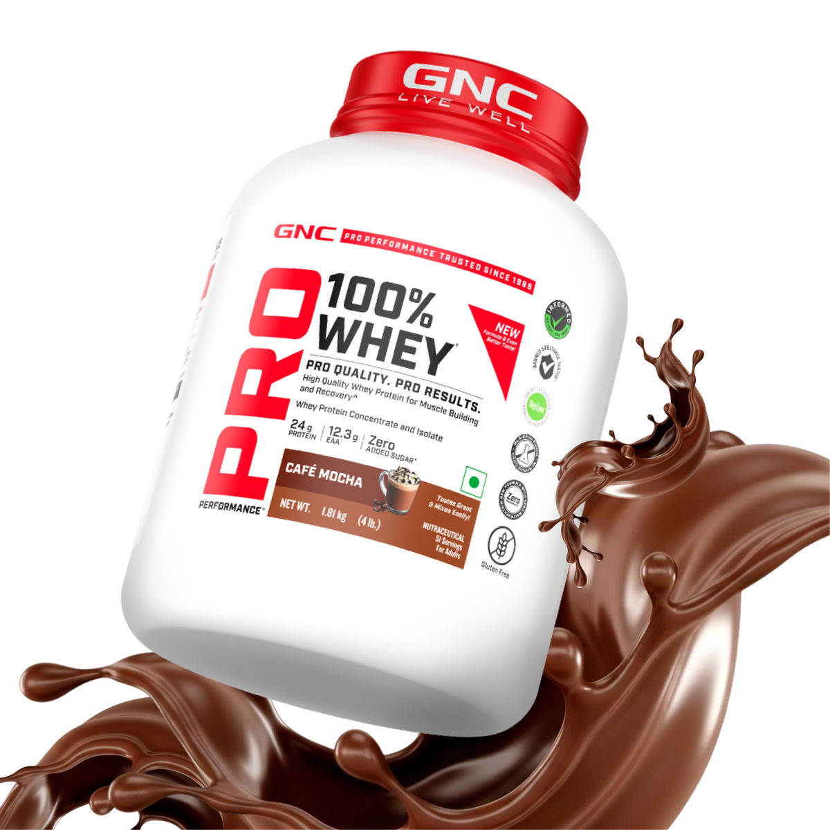 GNC Pro Performance 100% Whey Protein | New Formulation | 24g Protein, 5.7g BCAAs, 12.3g EAAs | Added DigeZyme® |  Low Carb (4.51g), No Added Sugar I Café Mocha I 1.81 Kg