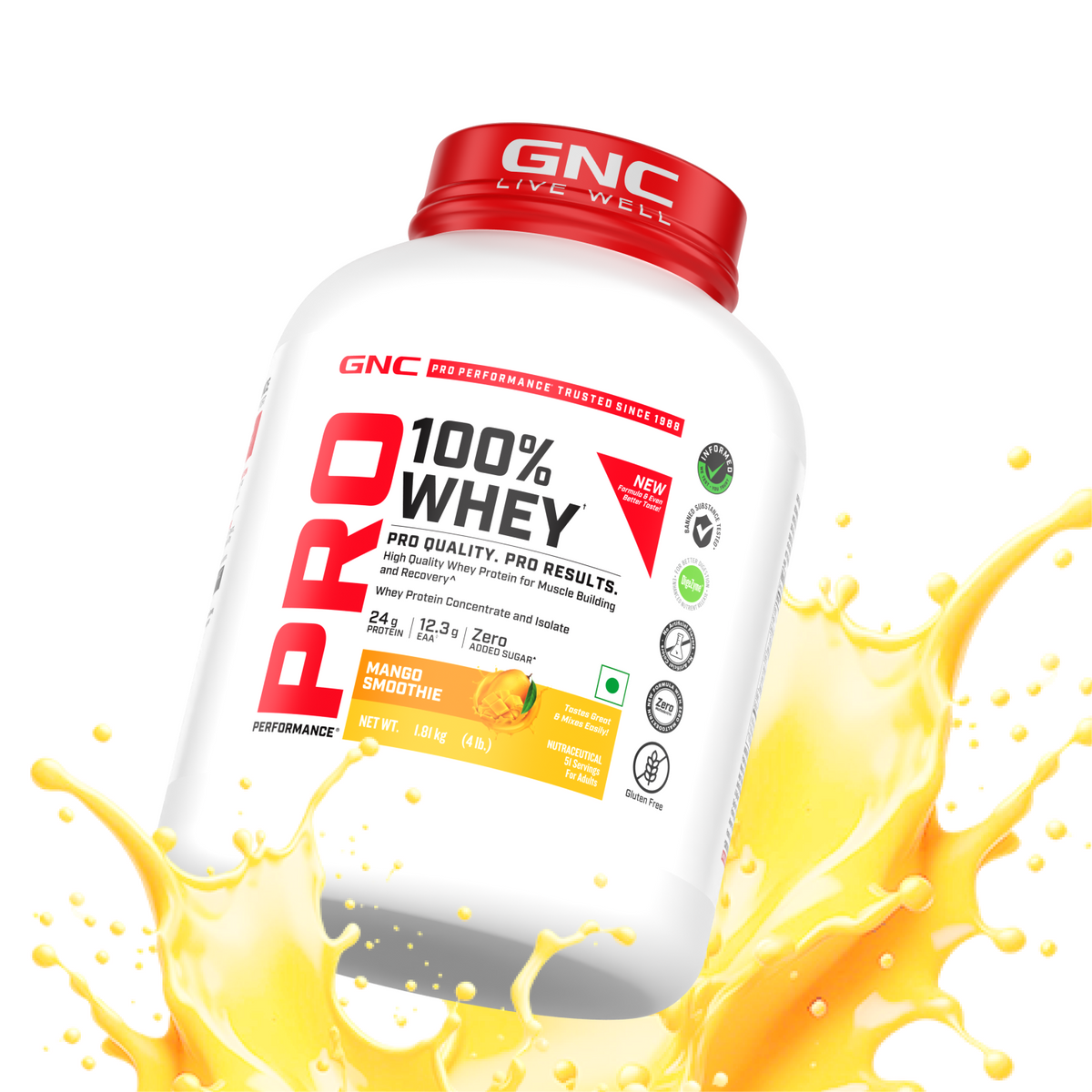 GNC Pro Performance 100% Whey Protein | New Formulation | 24g Protein, 5.7g BCAAs, 12.3g EAAs | Added DigeZyme® |  Low Carb (4.51g), No Added Sugar I Mango Smoothie I 1.81 Kg