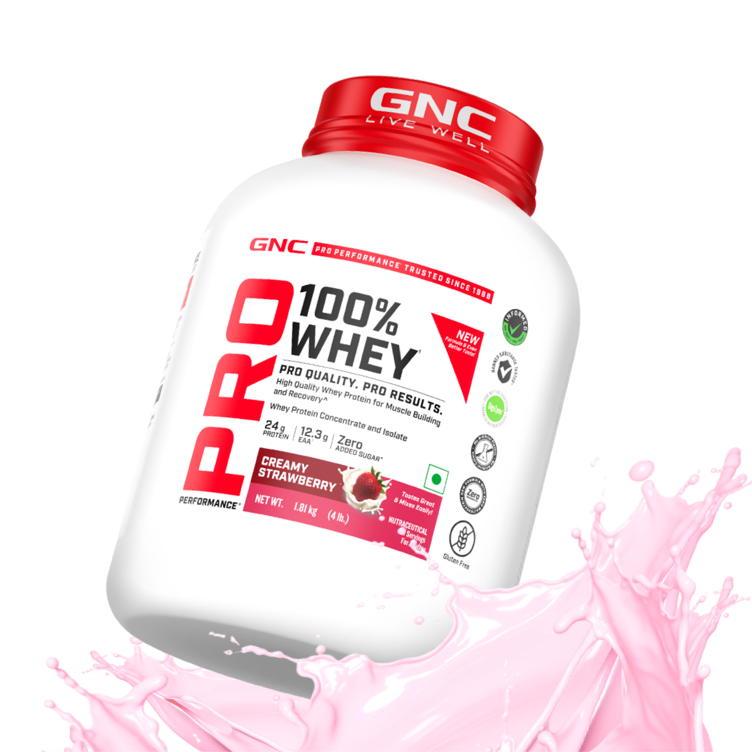 GNC Pro Performance 100% Whey Protein | New Formulation | 24g Protein, 5.7g BCAAs, 12.3g EAAs | Added DigeZyme® |  Low Carb (4.51g), No Added Sugar I Creamy Strawberry I 1.81 Kg
