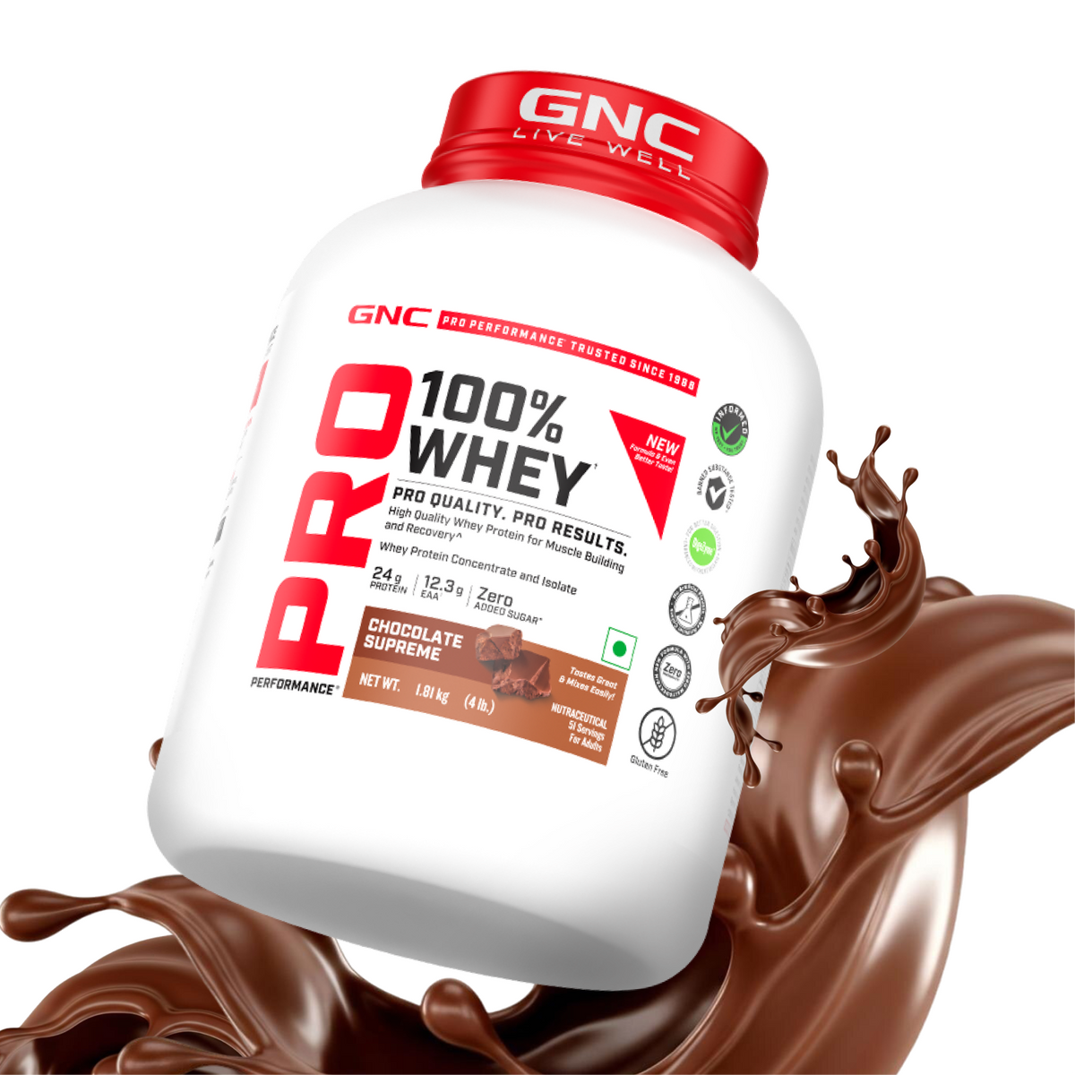 GNC Pro Performance 100% Whey Protein | New Formulation | 24g Protein, 5.7g BCAAs, 12.3g EAAs | Added DigeZyme® |  Low Carb (4.51g), No Added Sugar I Chocolate Supreme I 1.81 Kg