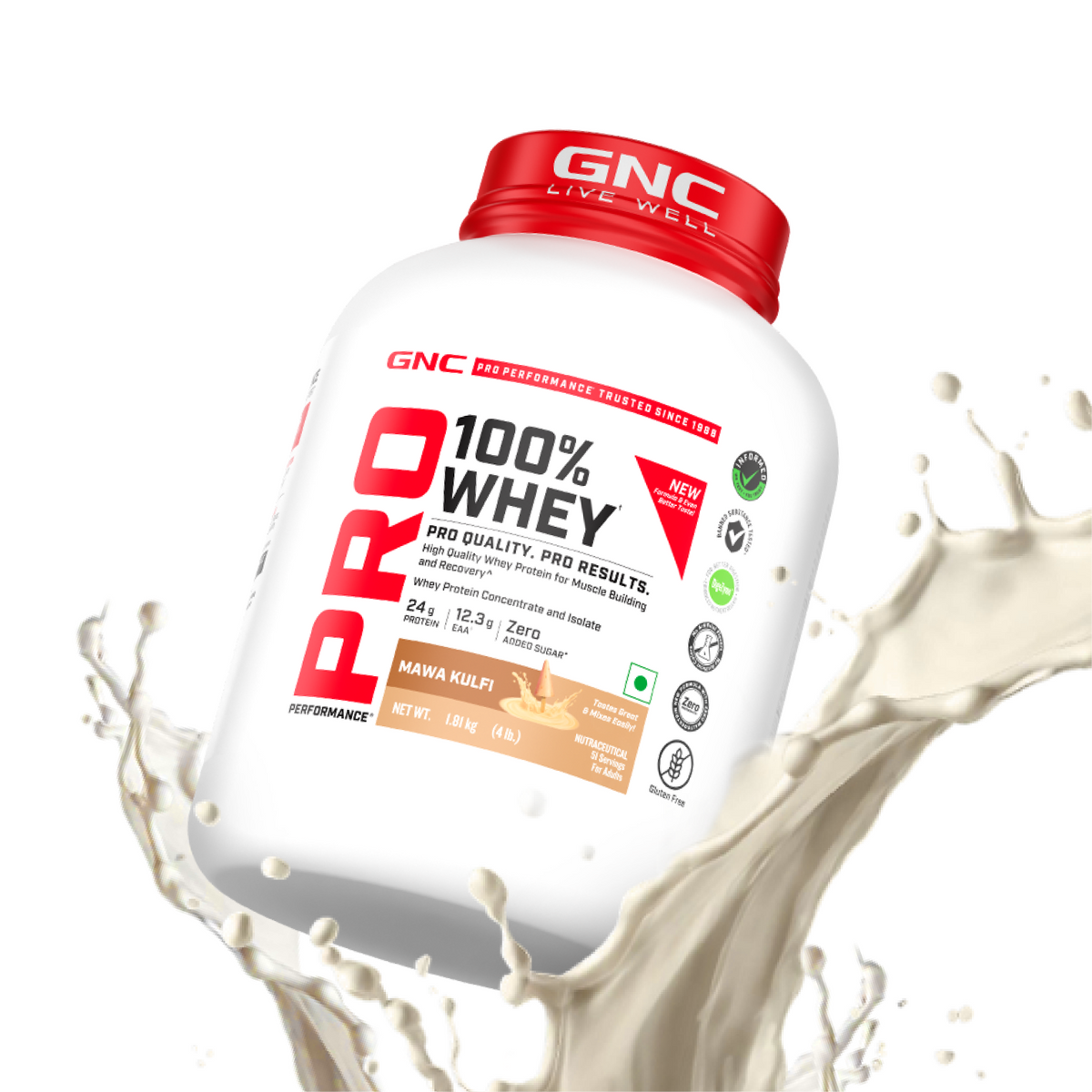 GNC Pro Performance 100% Whey Protein | New Formulation | 24g Protein, 5.7g BCAAs, 12.3g EAAs | Added DigeZyme® |  Low Carb (4.51g), No Added Sugar I Mawa Kulfi I 1.81 Kg