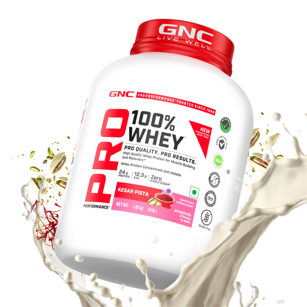 GNC Pro Performance 100% Whey Protein | New Formulation | 24g Protein, 5.7g BCAAs, 12.3g EAAs | Added DigeZyme® |  Low Carb (4.51g), No Added Sugar I Kesar Pista I 1.81 Kg