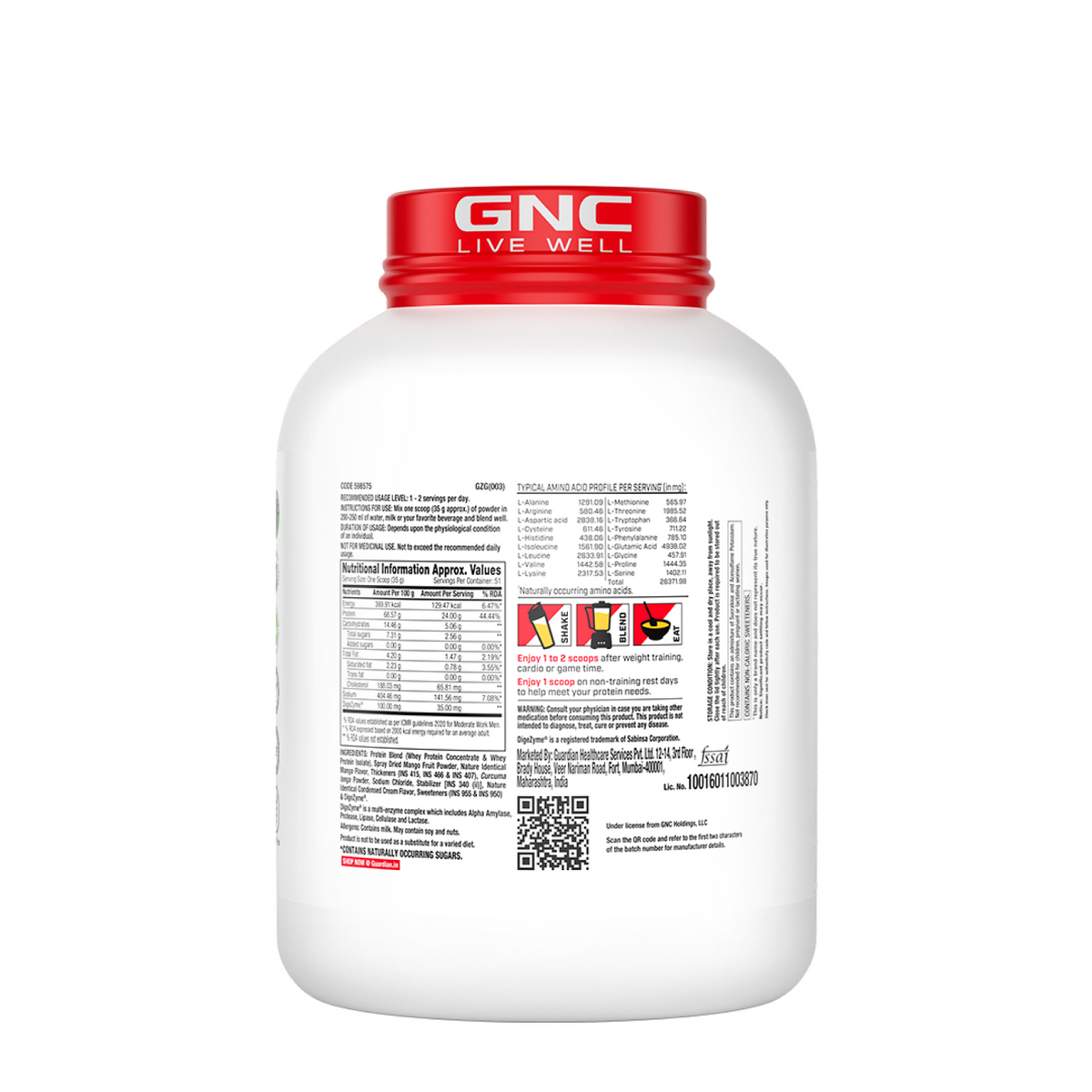 GNC Pro Performance 100% Whey Protein | New Formulation | 24g Protein, 5.7g BCAAs, 12.3g EAAs | Added DigeZyme® |  Low Carb (4.51g), No Added Sugar I Mango Smoothie I 1.81 Kg