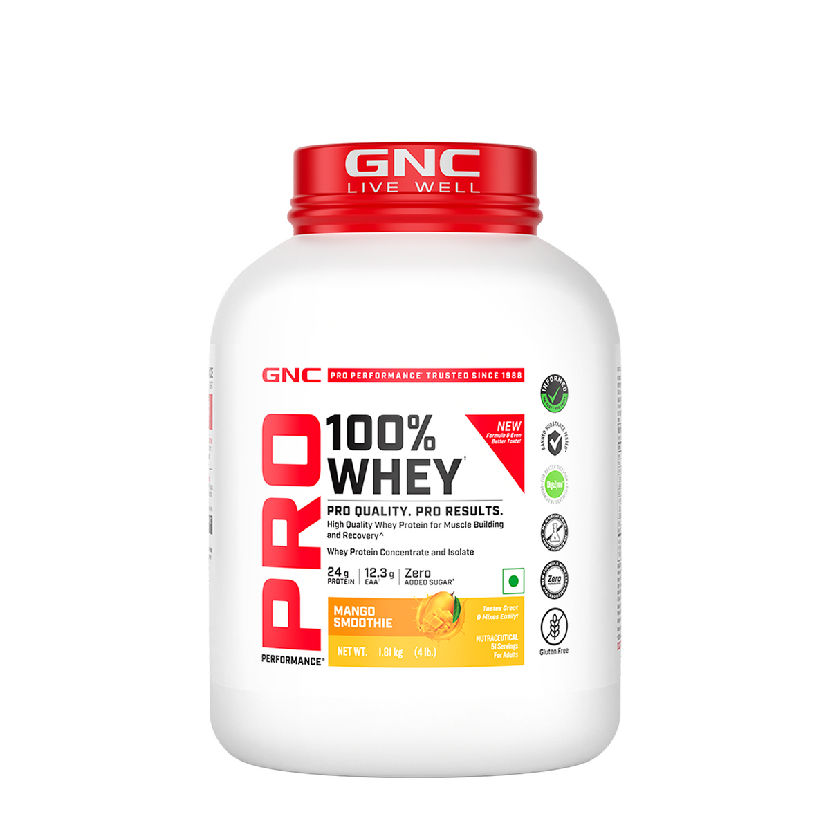 GNC Pro Performance 100% Whey Protein | New Formulation | 24g Protein, 5.7g BCAAs, 12.3g EAAs | Added DigeZyme® |  Low Carb (4.51g), No Added Sugar I Mango Smoothie I 1.81 Kg