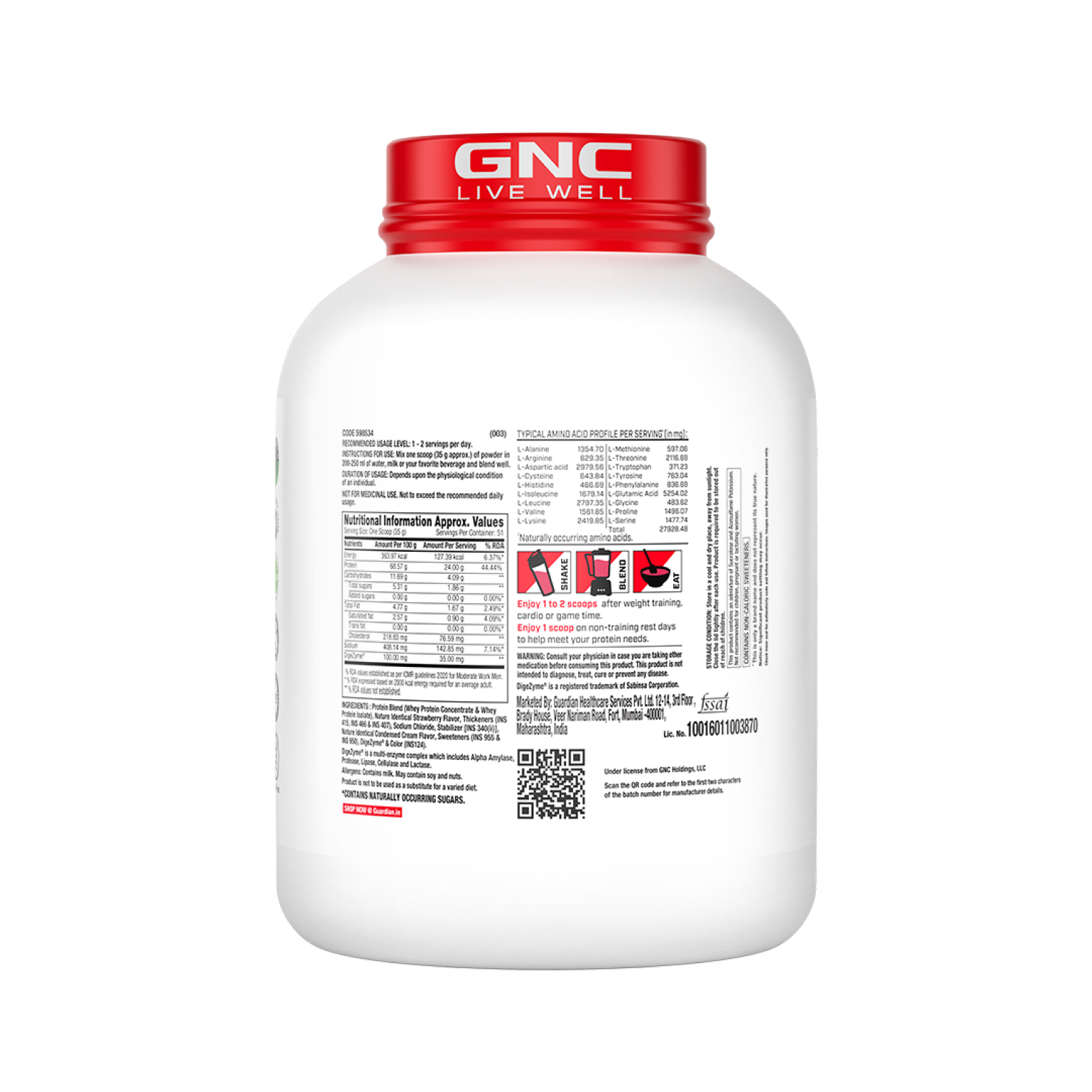 GNC Pro Performance 100% Whey Protein | New Formulation | 24g Protein, 5.7g BCAAs, 12.3g EAAs | Added DigeZyme® |  Low Carb (4.51g), No Added Sugar I Creamy Strawberry I 1.81 Kg