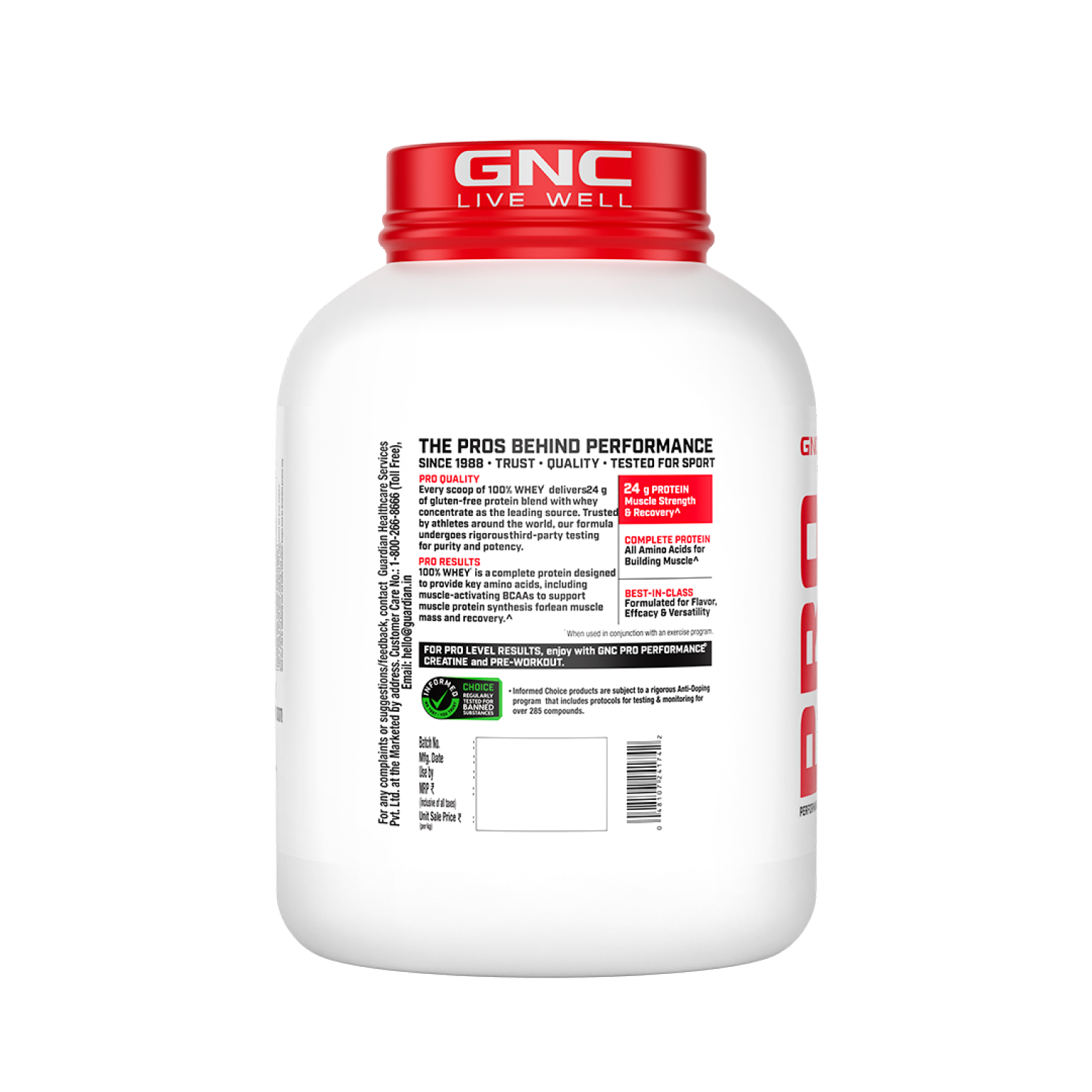 GNC Pro Performance 100% Whey Protein | New Formulation | 24g Protein, 5.7g BCAAs, 12.3g EAAs | Added DigeZyme® |  Low Carb (4.51g), No Added Sugar I Creamy Strawberry I 1.81 Kg