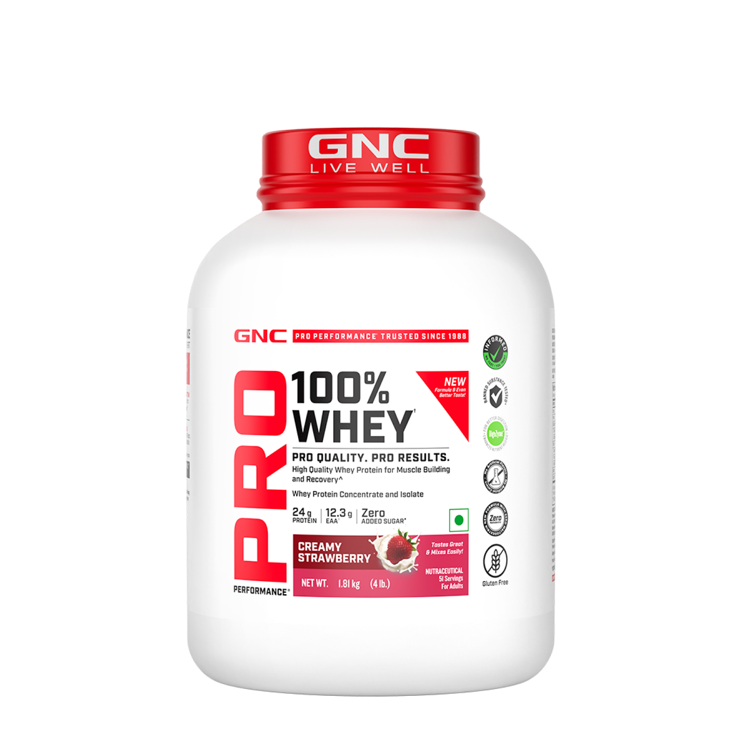 GNC Pro Performance 100% Whey Protein | New Formulation | 24g Protein, 5.7g BCAAs, 12.3g EAAs | Added DigeZyme® |  Low Carb (4.51g), No Added Sugar I Creamy Strawberry I 1.81 Kg