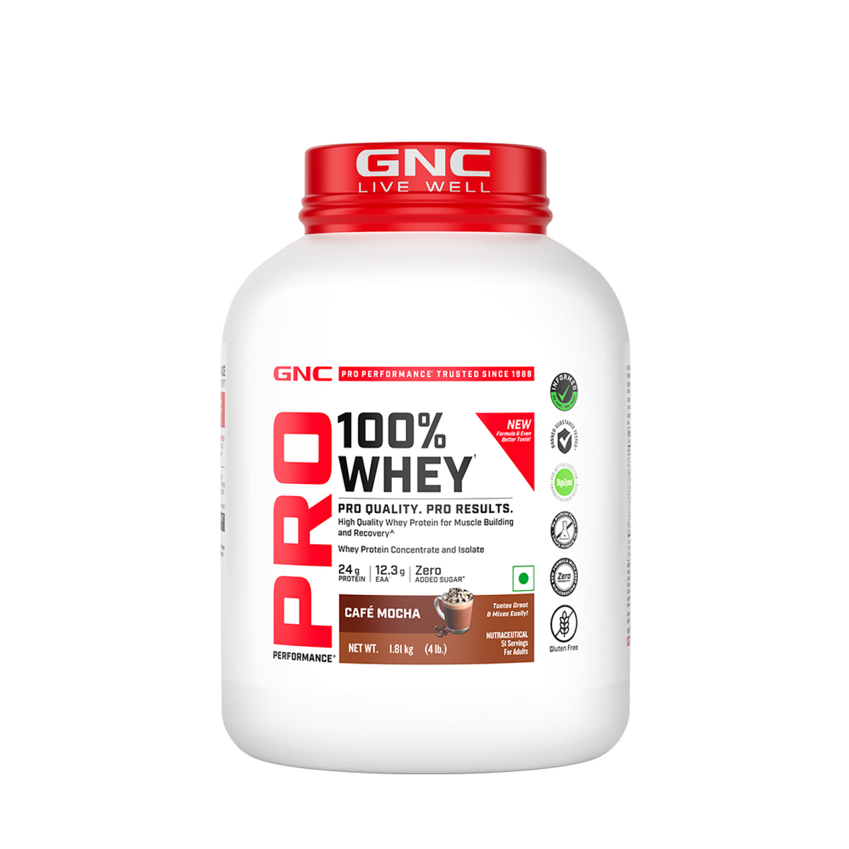 GNC Pro Performance 100% Whey Protein | New Formulation | 24g Protein, 5.7g BCAAs, 12.3g EAAs | Added DigeZyme® |  Low Carb (4.51g), No Added Sugar I Café Mocha I 1.81 Kg