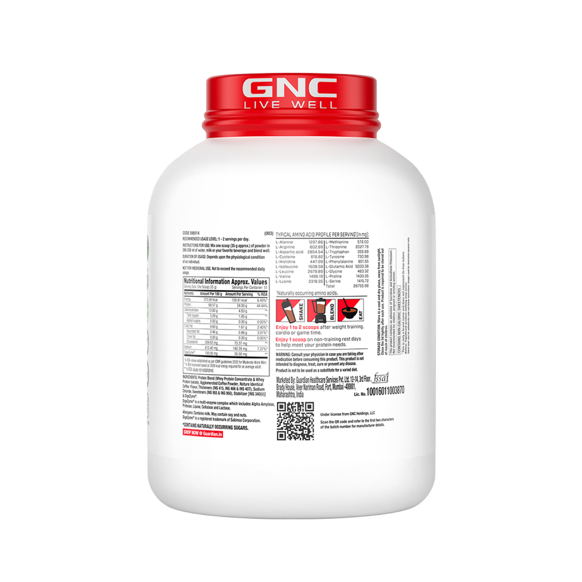 GNC Pro Performance 100% Whey Protein | New Formulation | 24g Protein, 5.7g BCAAs, 12.3g EAAs | Added DigeZyme® |  Low Carb (4.51g), No Added Sugar I Café Mocha I 1.81 Kg