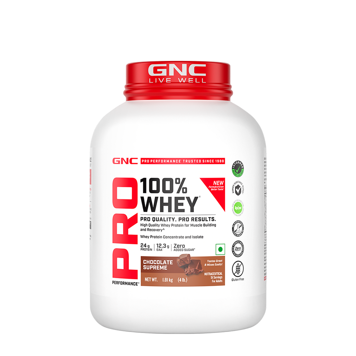 GNC Pro Performance 100% Whey Protein | New Formulation | 24g Protein, 5.7g BCAAs, 12.3g EAAs | Added DigeZyme® |  Low Carb (4.51g), No Added Sugar I Chocolate Supreme I 1.81 Kg