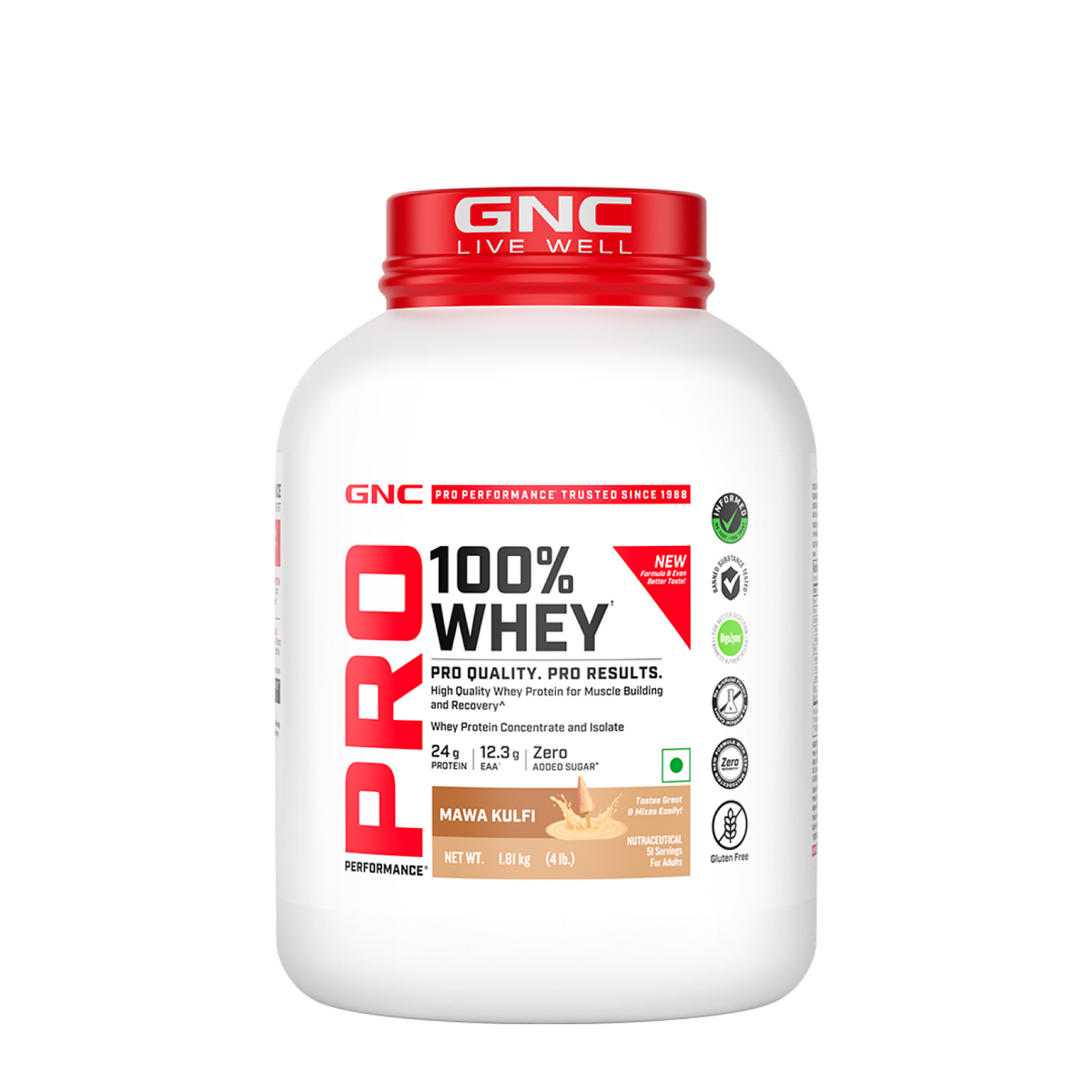 GNC Pro Performance 100% Whey Protein | New Formulation | 24g Protein, 5.7g BCAAs, 12.3g EAAs | Added DigeZyme® |  Low Carb (4.51g), No Added Sugar I Mawa Kulfi I 1.81 Kg