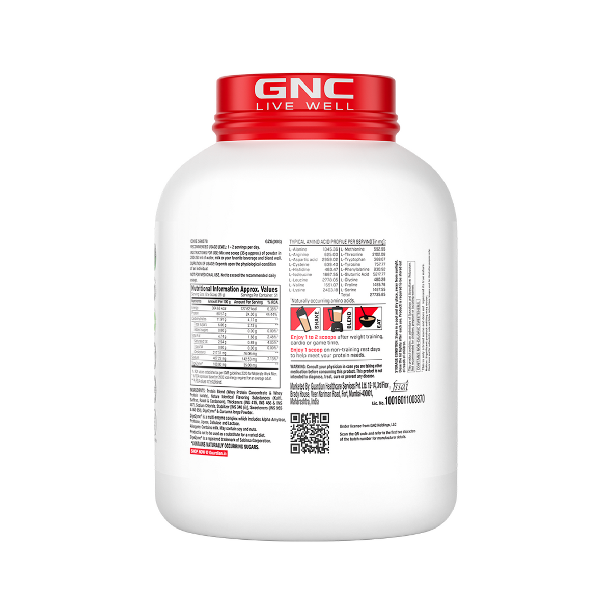 GNC Pro Performance 100% Whey Protein | New Formulation | 24g Protein, 5.7g BCAAs, 12.3g EAAs | Added DigeZyme® |  Low Carb (4.51g), No Added Sugar I Mawa Kulfi I 1.81 Kg