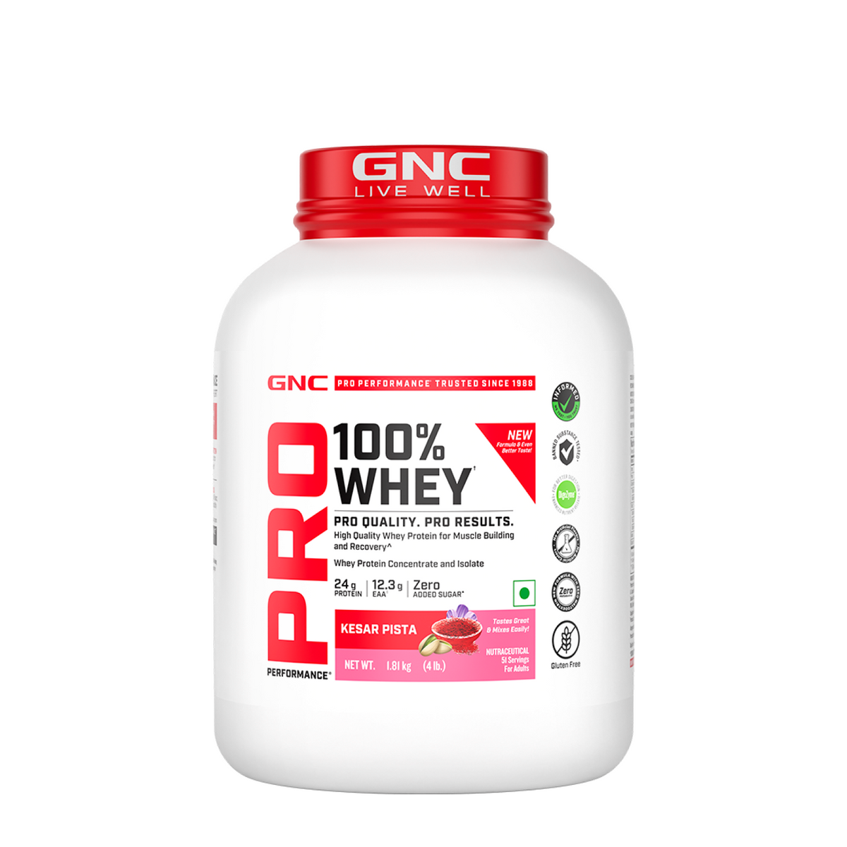 GNC Pro Performance 100% Whey Protein | New Formulation | 24g Protein, 5.7g BCAAs, 12.3g EAAs | Added DigeZyme® |  Low Carb (4.51g), No Added Sugar I Kesar Pista I 1.81 Kg