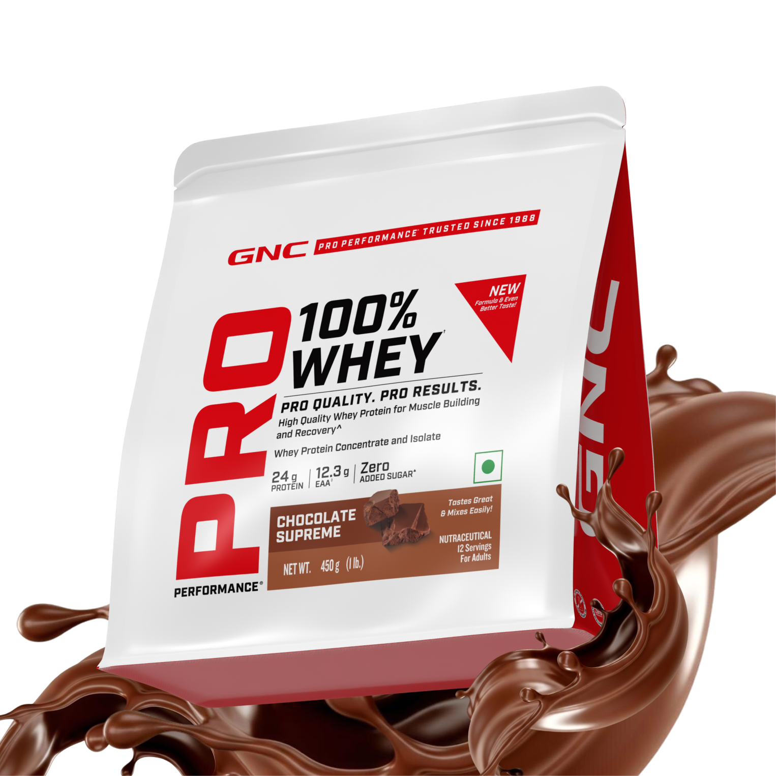 GNC Pro Performance 100% Whey Protein | New Formulation | 24g Protein, 5.7g BCAAs, 12.3g EAAs | Added DigeZyme® |  Low Carb (4.51g), No Added Sugar I Chocolate Supreme I 450 GM