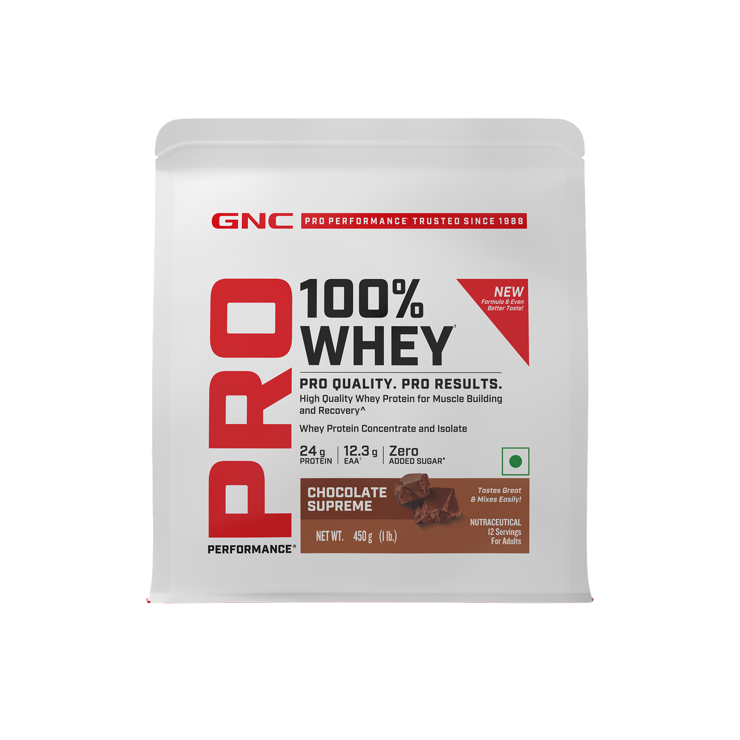 GNC Pro Performance 100% Whey Protein | New Formulation | 24g Protein, 5.7g BCAAs, 12.3g EAAs | Added DigeZyme® |  Low Carb (4.51g), No Added Sugar I Chocolate Supreme I 450 GM