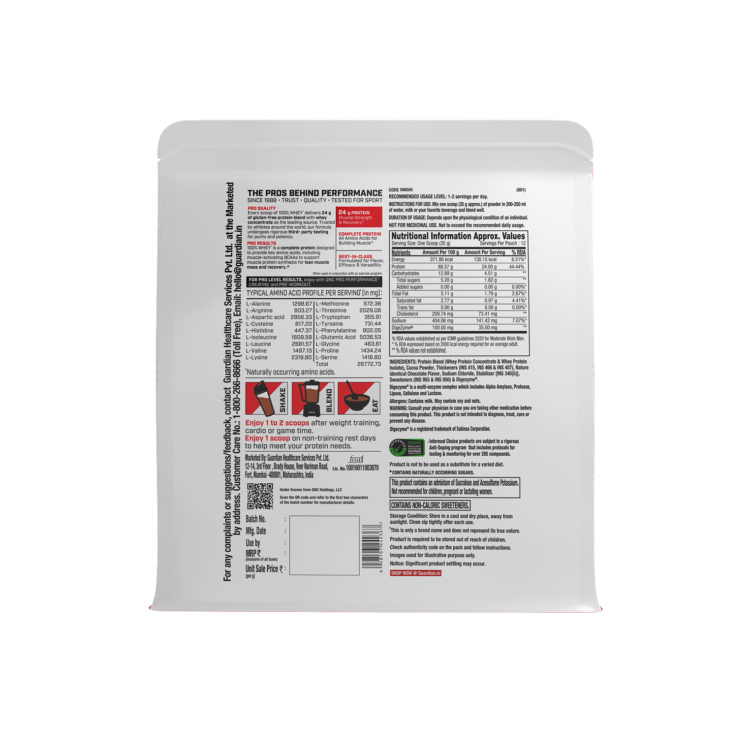 GNC Pro Performance 100% Whey Protein | New Formulation | 24g Protein, 5.7g BCAAs, 12.3g EAAs | Added DigeZyme® |  Low Carb (4.51g), No Added Sugar I Chocolate Supreme I 450 GM
