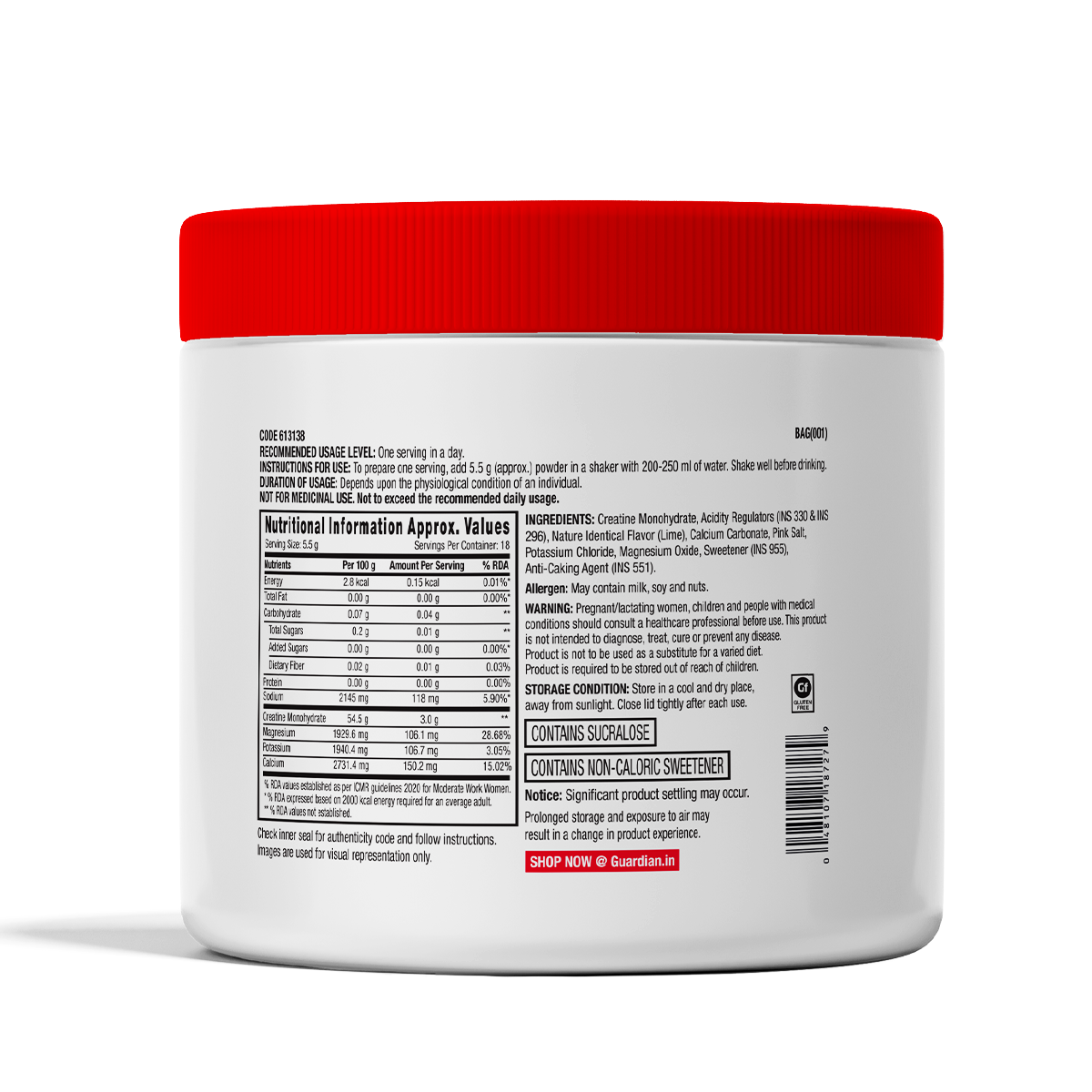 GNC Creatine+ Electrolytes | 3g Creatine Monohydrate + Sodium, Potassium, Calcium, Magnesium | Boosts Muscle Growth, Hydration, Energy & Recovery | Zero Sugar | 100% Veg | 100g | Lemon