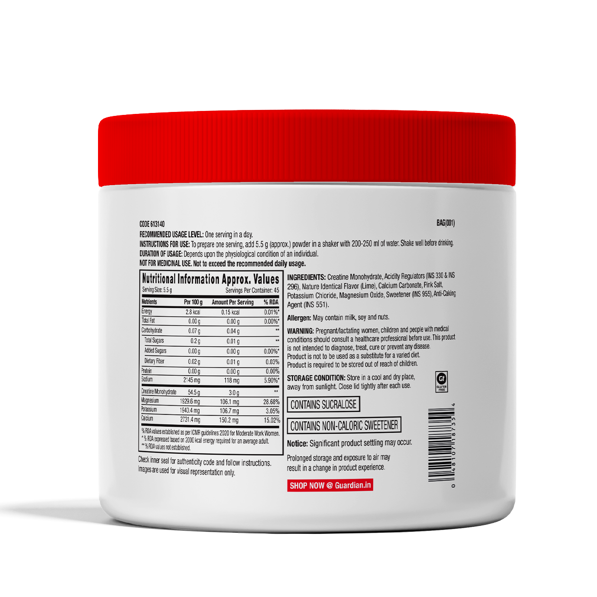 GNC Creatine+ Electrolytes | 3g Creatine Monohydrate + Sodium, Potassium, Calcium, Magnesium | Boosts Muscle Growth, Hydration, Energy & Recovery | Zero Sugar | 100% Veg | 250g | Lemon