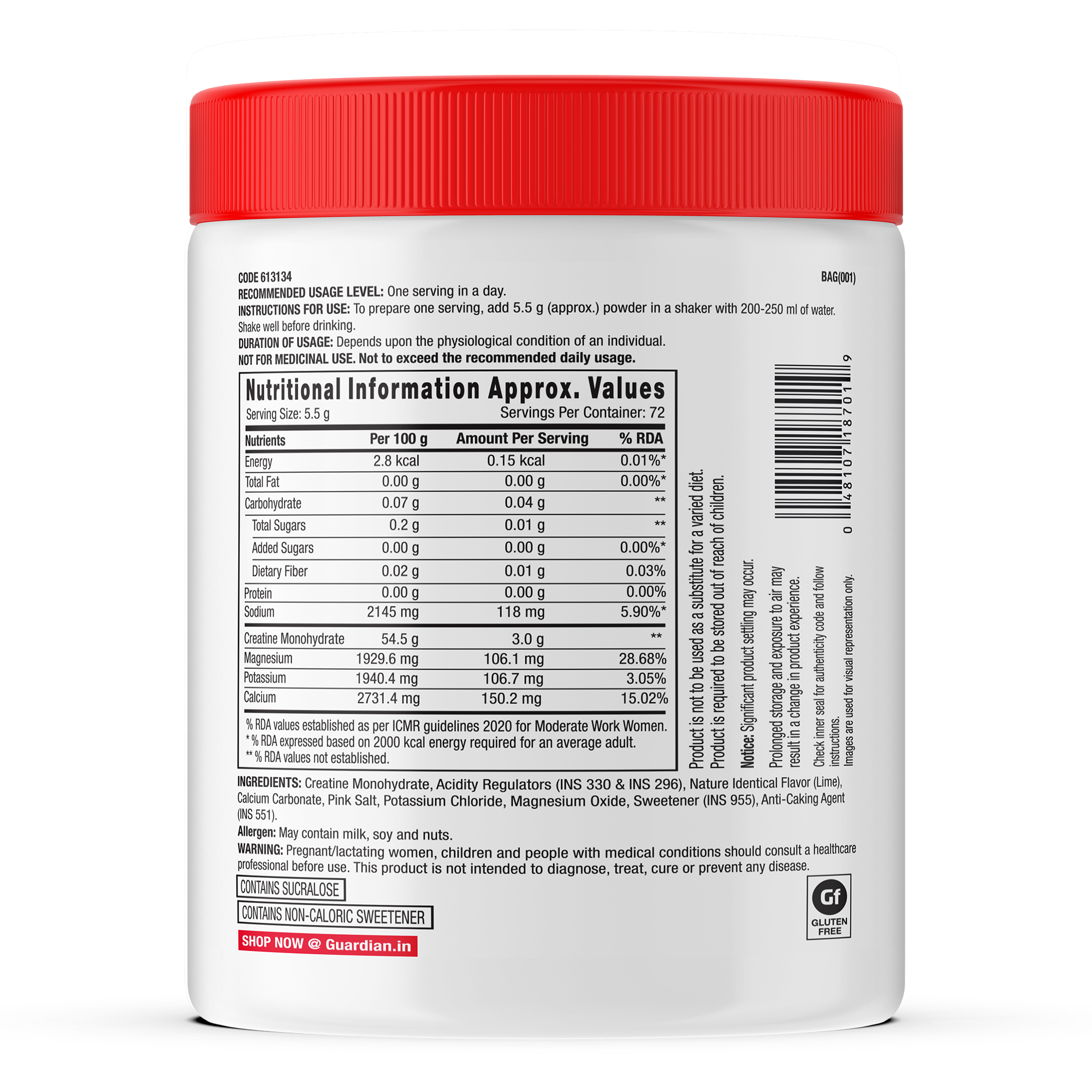 GNC Creatine+ Electrolytes | 3g Creatine Monohydrate + Sodium, Potassium, Calcium, Magnesium | Boosts Muscle Growth, Hydration, Energy & Recovery | Zero Sugar | 100% Veg | 400g | Lemon