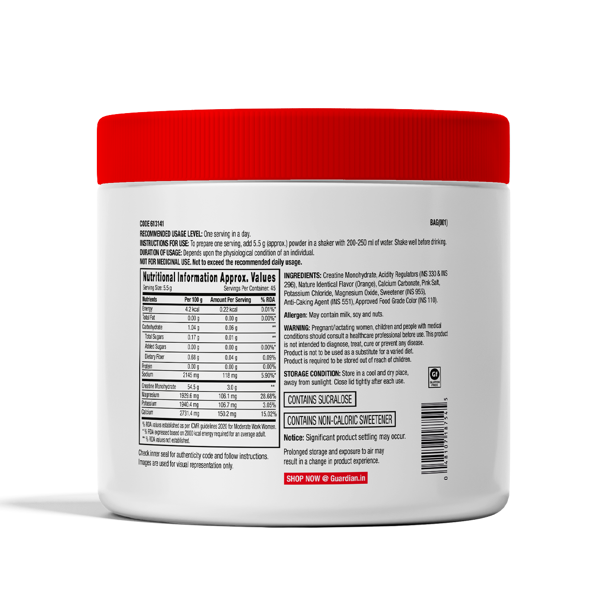 GNC Creatine+ Electrolytes | 3g Creatine Monohydrate + Sodium, Potassium, Calcium, Magnesium | Boosts Muscle Growth, Hydration, Energy & Recovery | Zero Sugar | 100% Veg | 250g | Orange