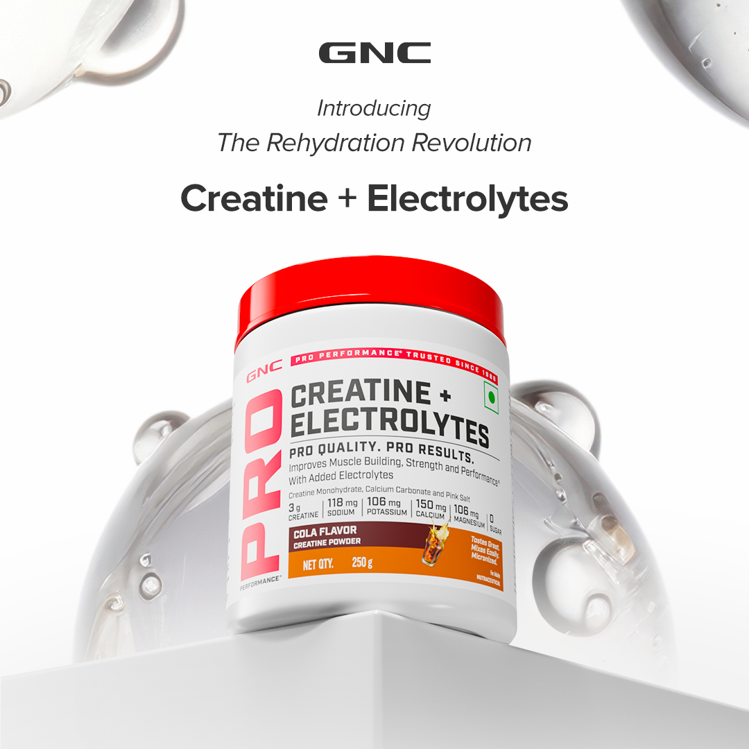GNC Creatine+ Electrolytes | 3g Creatine Monohydrate + Sodium, Potassium, Calcium, Magnesium | Boosts Muscle Growth, Hydration, Energy & Recovery | Zero Sugar | 100% Veg | 100g | Orange