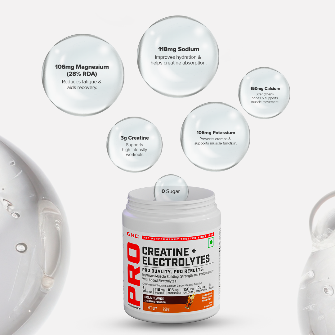 GNC Creatine+ Electrolytes | 3g Creatine Monohydrate + Sodium, Potassium, Calcium, Magnesium | Boosts Muscle Growth, Hydration, Energy & Recovery | Zero Sugar | 100% Veg | 250g | Lemon