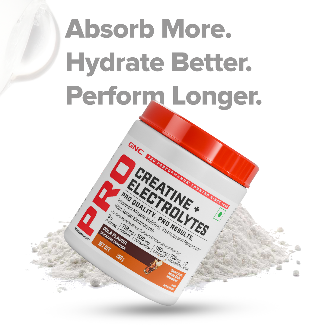 GNC Creatine+ Electrolytes | 3g Creatine Monohydrate + Sodium, Potassium, Calcium, Magnesium | Boosts Muscle Growth, Hydration, Energy & Recovery | Zero Sugar | 100% Veg | 250g | Lemon