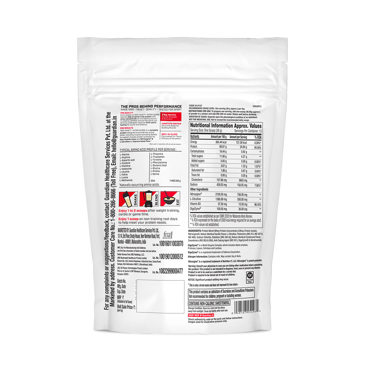 GNC PP 100% WHEY NITRO SURGE VANILLA POWDER 1LBS 450GM