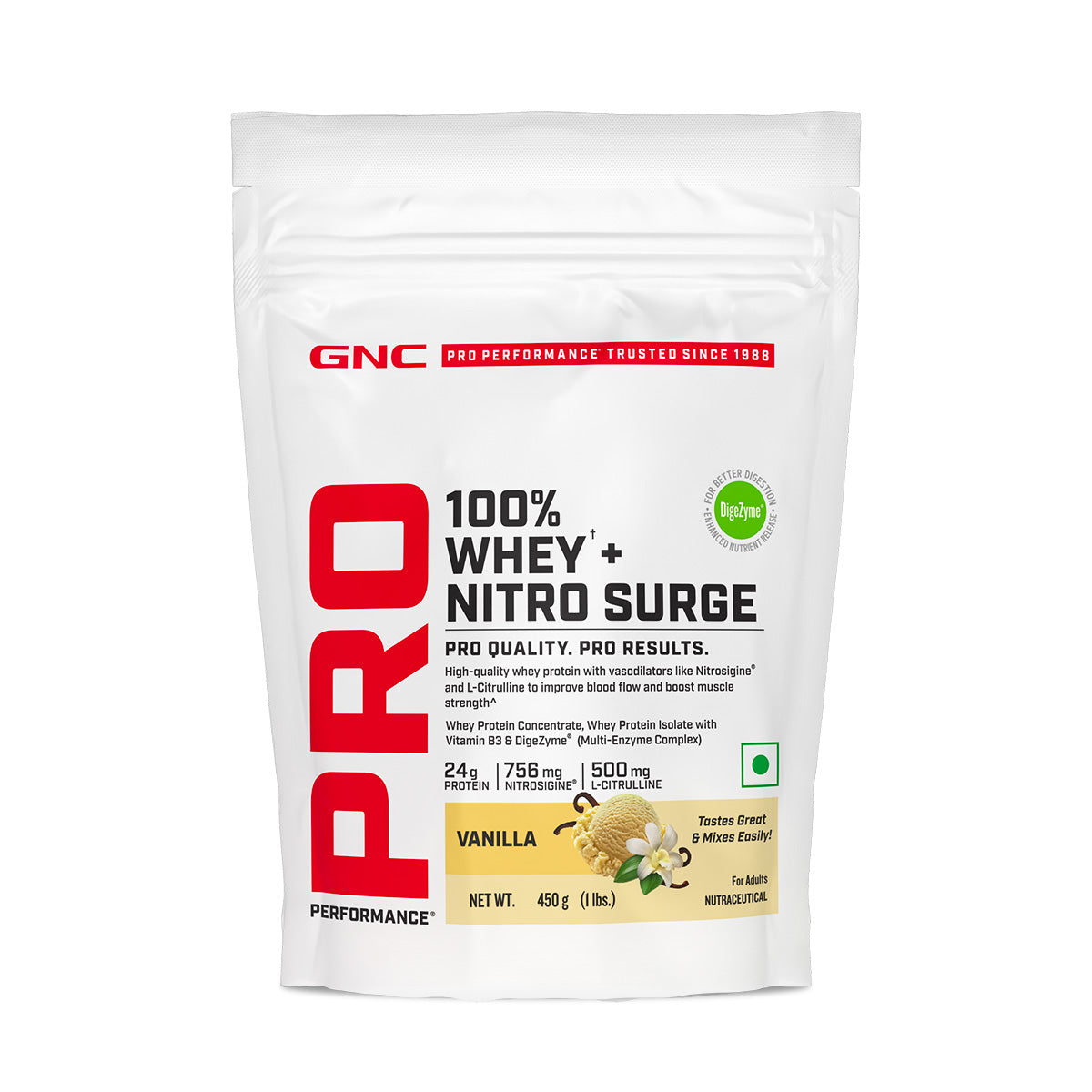 GNC PP 100% WHEY NITRO SURGE VANILLA POWDER 1LBS 450GM