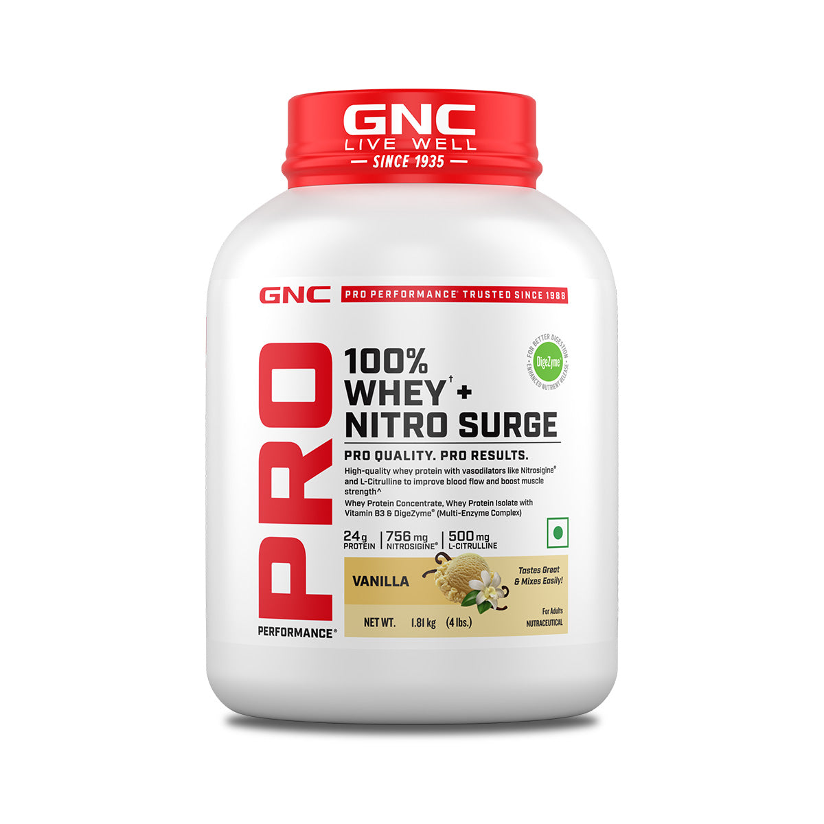 GNC PP 100% WHEY NITRO SURGE VANILLA POWDER 4LBS 1.81KG